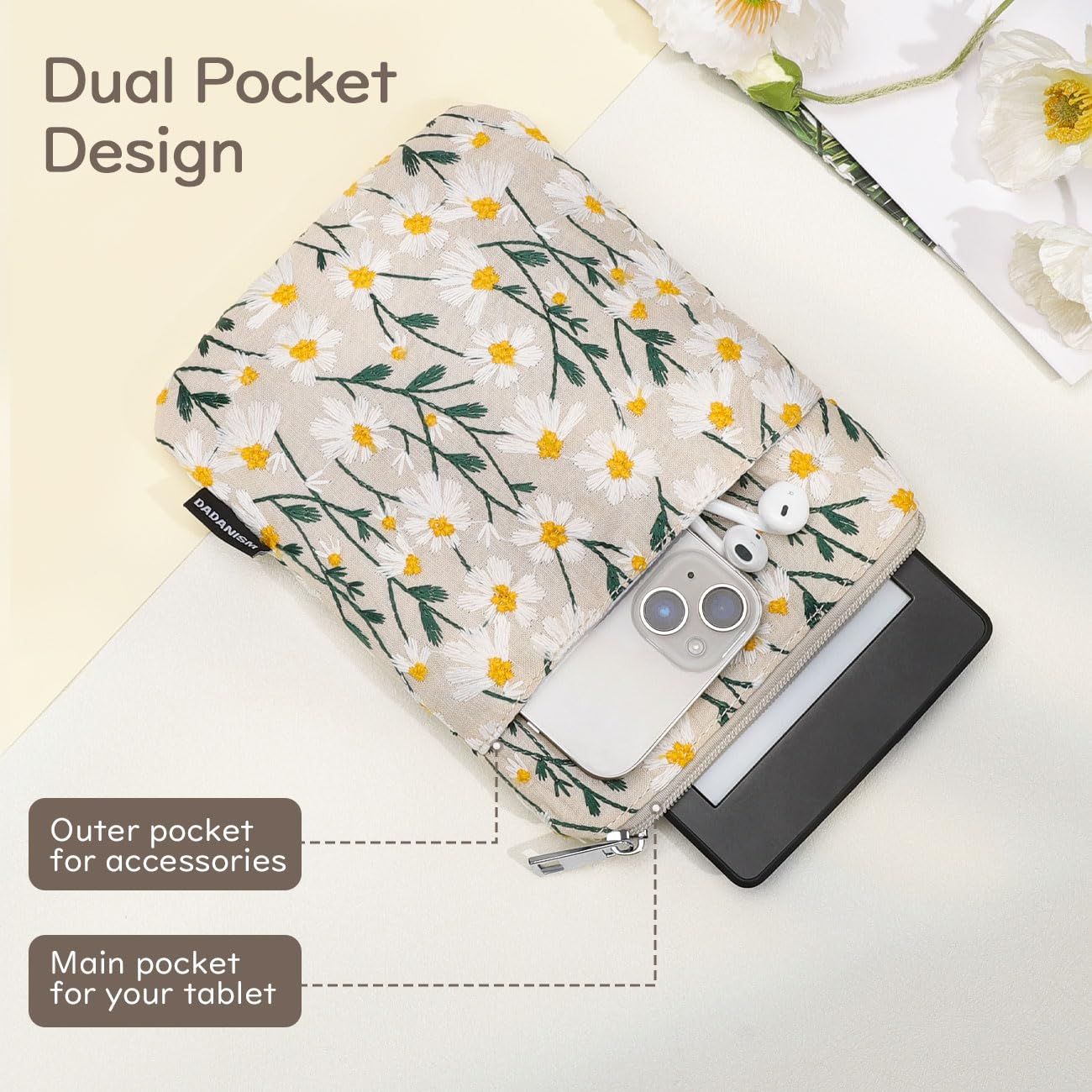 Dadanism Embroidered Daisy Padded Protective Sleeve 6 7'' For 6'' Kindle 2022/10Th Gen 2019/8Th Gen 2016, 6.8'' Kindle Paperwhit