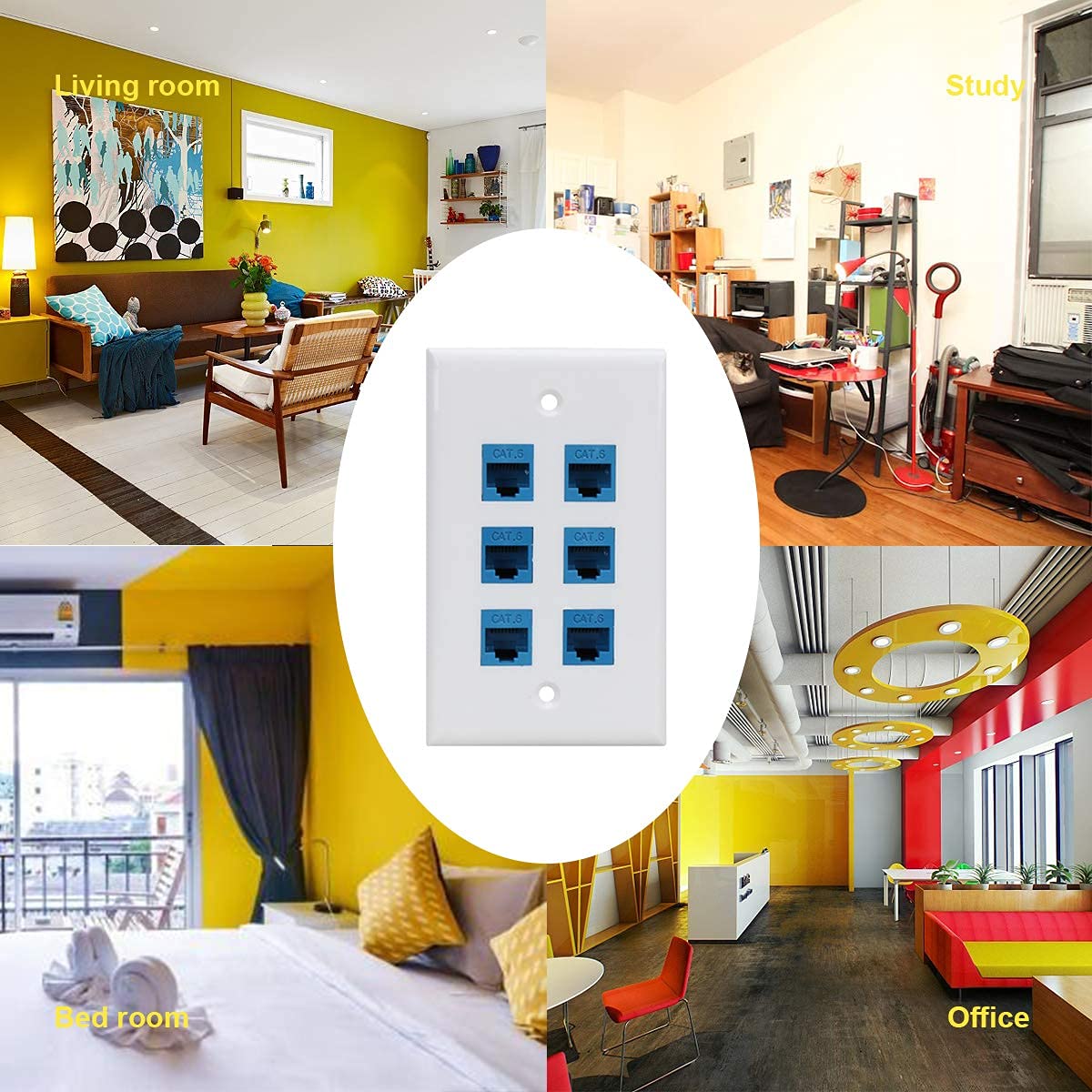 Cat 6 Ethernet Wall Plate 6 Port,Ethernet Wall Plate Female Female Removable Compatible With Cat7/6/6E/5/5E Ethernet Devices  Blue