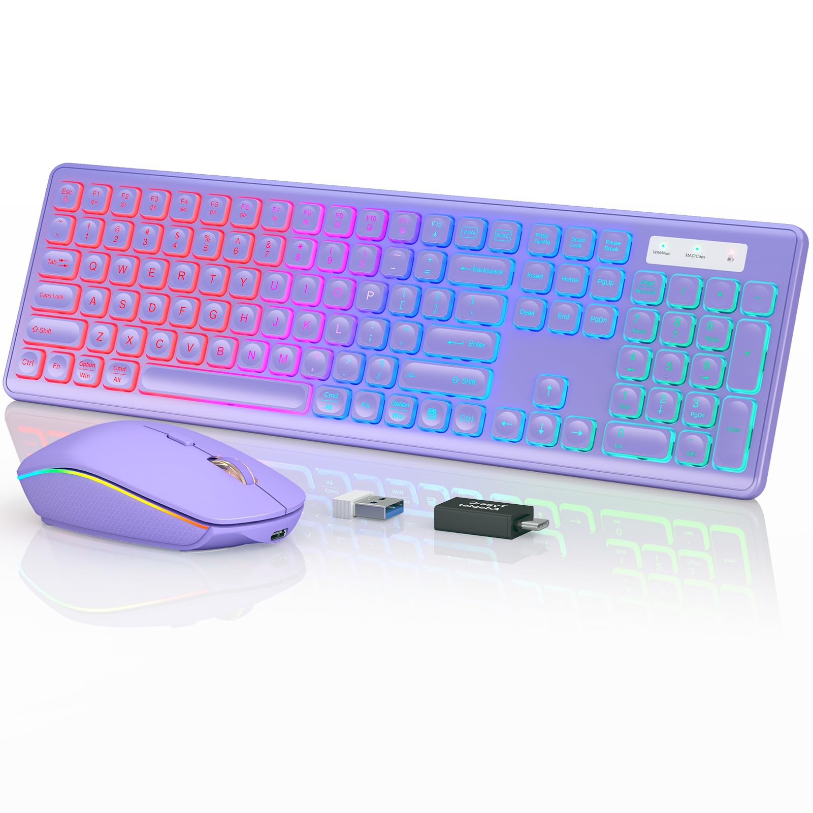 Wireless Keyboard And Mouse Combo, Rgb Backlit, Rechargeable & Light Up Letters, Full Size, Ergonomic Tilt Angle, Sleep Mode, 2.4Ghz Quiet Keyboard Mouse For Mac, Windows, Laptop, Pc, Trueque(Purple)