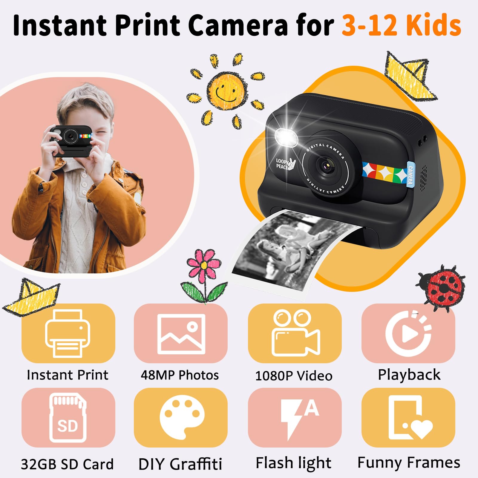 Joytrip Instant Print Camera For Kids, Christmas Birthday Gifts For Boys Girls Age 3 12, 48Mp Photos 1080P Digital Video Camera,