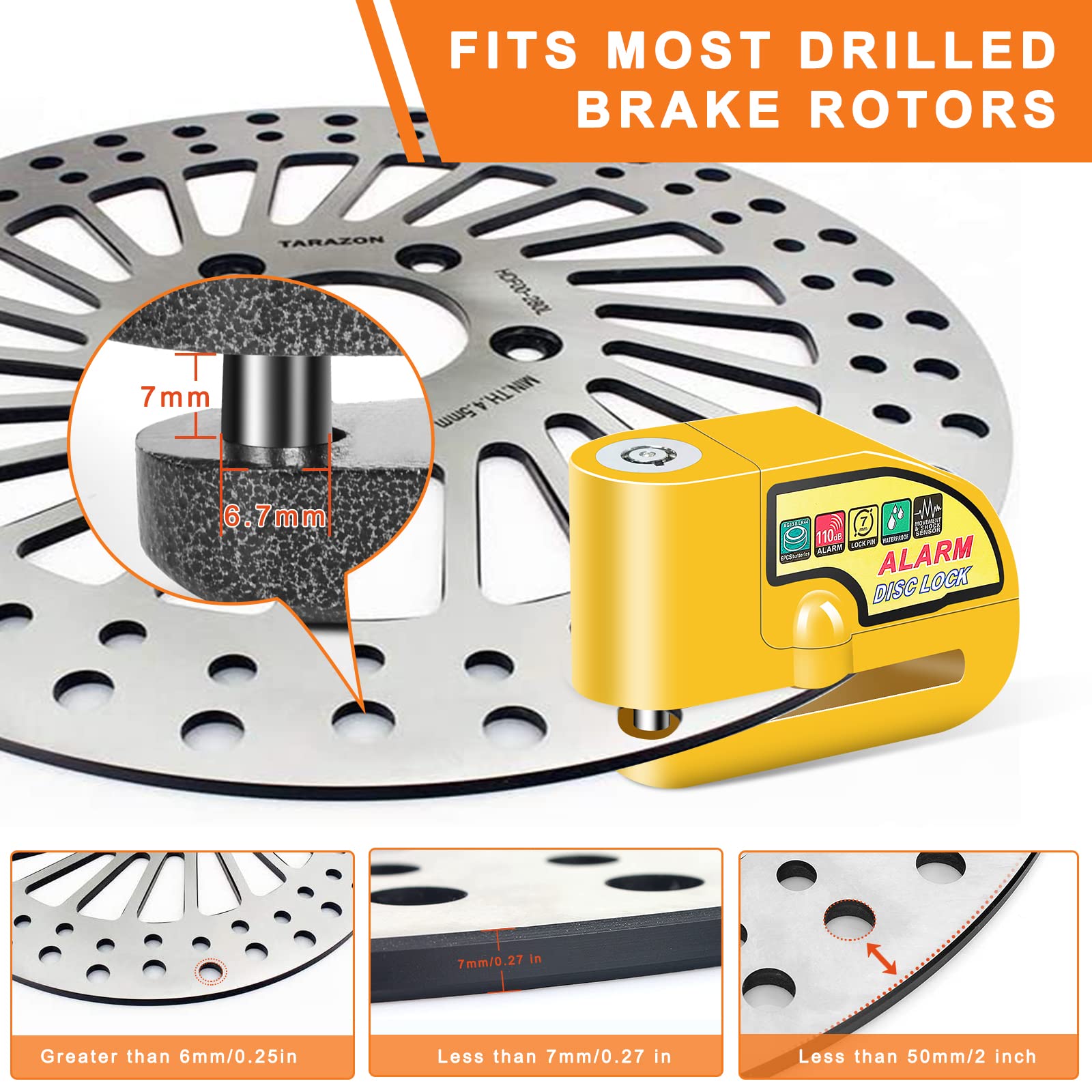 Motorcycle Alarm Disc Brake Lock, Motorcycle Locks Anti Theft Security Wheel Disc Lock Waterproof 110Db Alarm Sound With 5Ft Rem