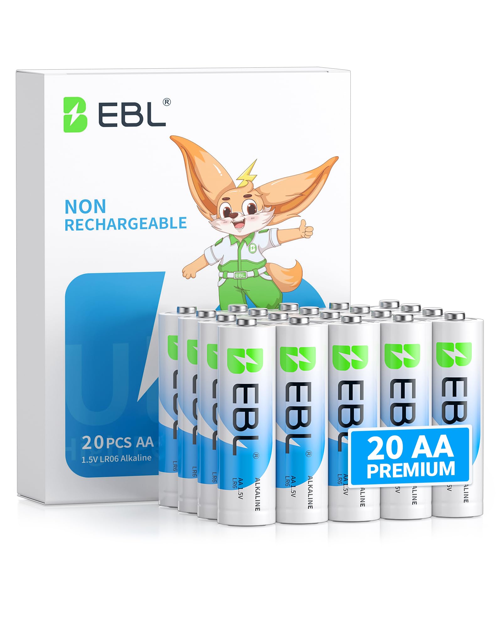 EBL AA Batteries 20 Pack 1.5V Alkaline Double A Batteries, Long-Lasting Alkaline AA Battery for Household Devices, 10-Year Shelf