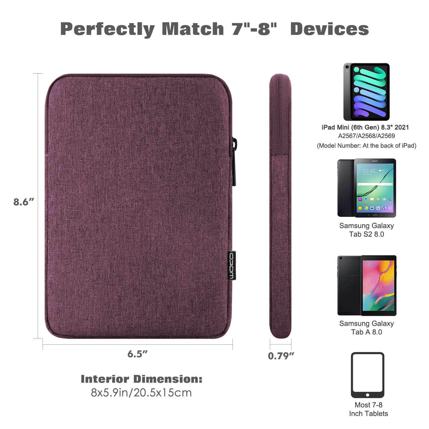MoKo 7 8 Inch Tablet Sleeve Bag, Polyester Pouch Cover Case Fits iPad Mini (A17 Pro) 8.3' 2024, iPad Mini 6/5/4/3/2/1, Samsung Galaxy Tab S2 8.0, Tab A 8.0, ZenPad Z8s 7.9,Purple