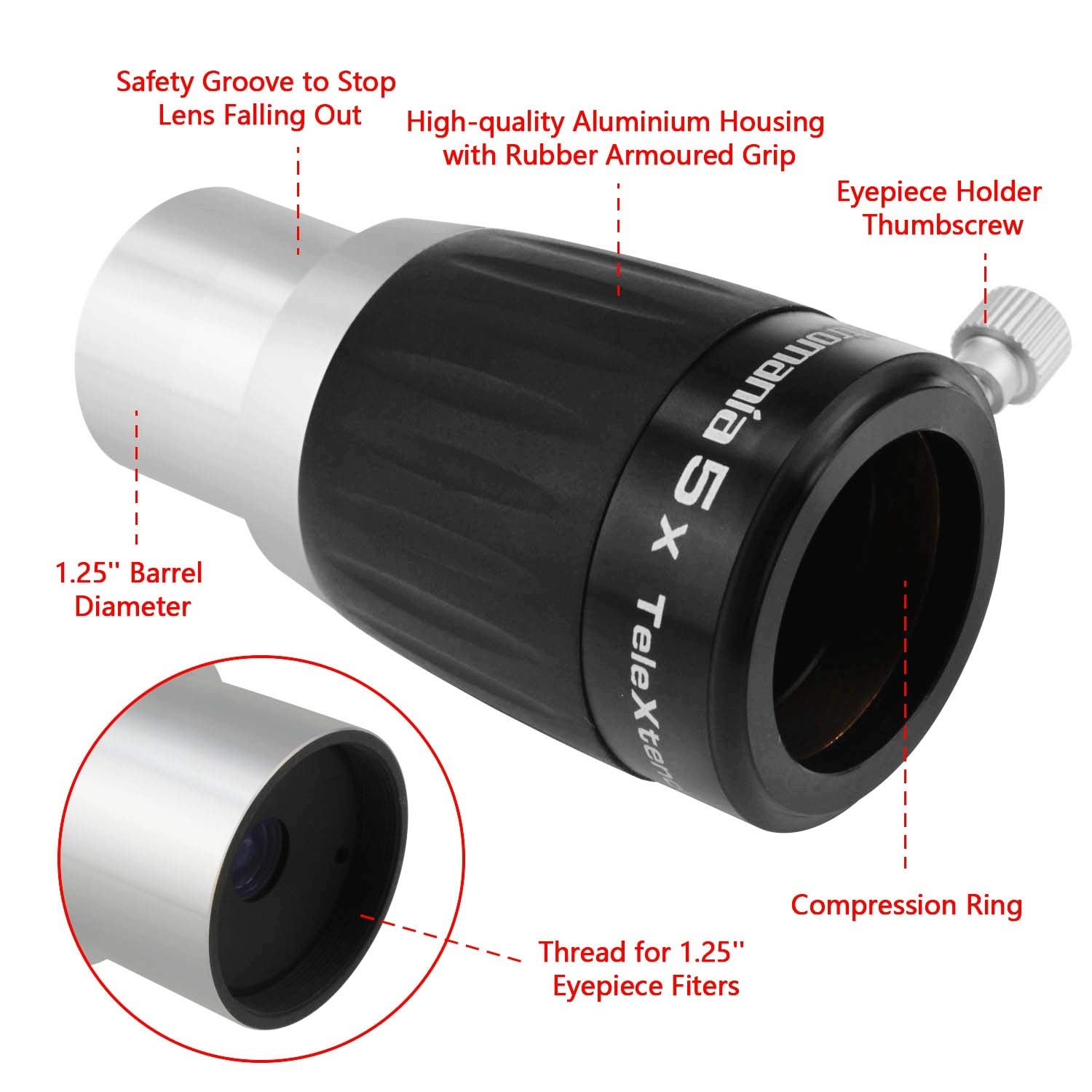 Astromania 1.25'' 4 Elements 5X Telextender Premium Barlow Lens   Apochromatic Barlow Lens Giving An Excellent Image