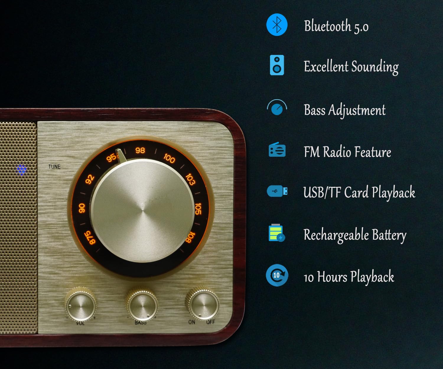 BentMax FM Radio Bluetooth Speaker - Vintage Walnut Wood, SD/USB Player, Wireless Streaming, Up to 10 Hours Playback, Model 825665516587
