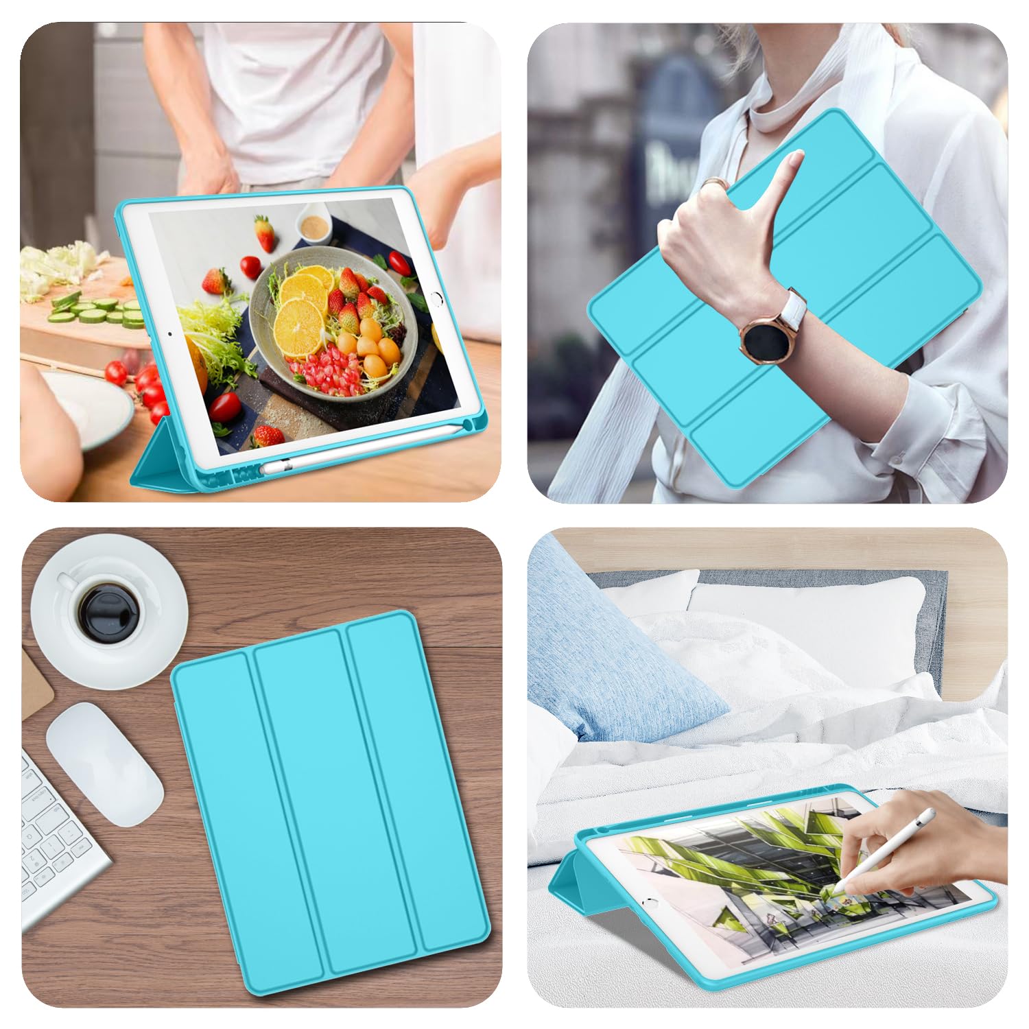 Imieet Ipad 9Th Generation Case 2021/Ipad 8Th Generation Case 2020 10.2 Inch With Pencil Holder, Ipad 7Th Gen 2019 Case With Soft Baby Skin Silicone Back, Auto Wake/Sleep Cover (Cyan)