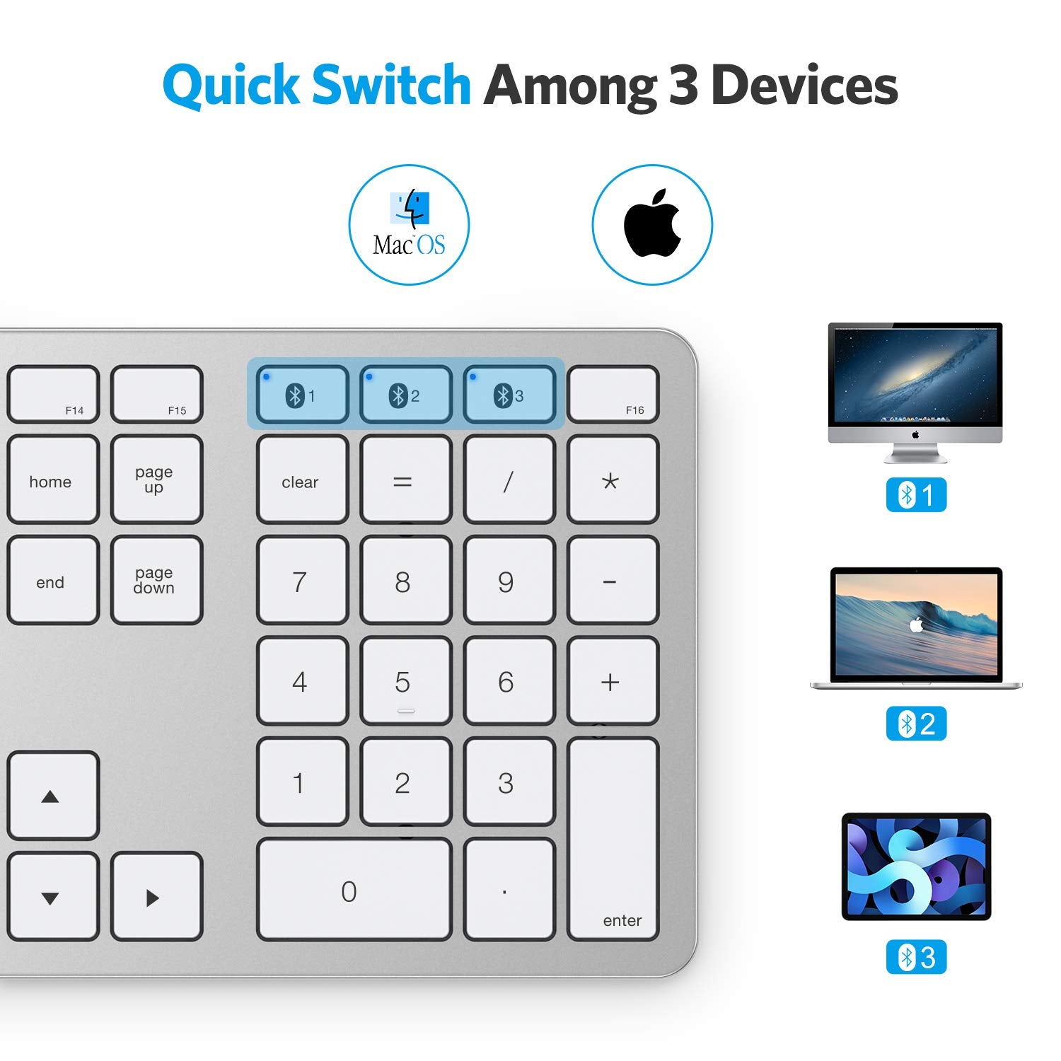 Omoton Bluetooth Keyboard For Mac, Wireless Keyboard With Numeric Keypad, Multi Device, Rechargeable, Compatible With Macbook Pro/Air, Imac, Imac Pro, Mac Mini, Mac Pro Laptop And Pc (Silver)