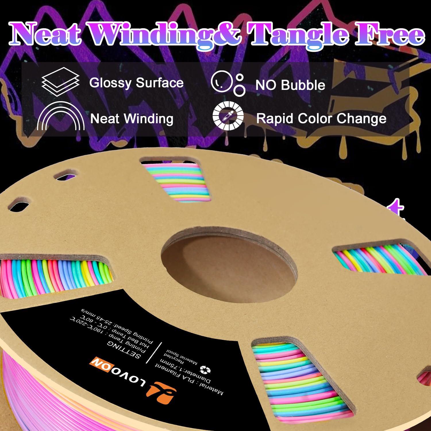 Lovoon Silk Pla 3D Printer Filament, Shiny Rainbow Pla Filament 1.75Mm, Color Change By Length Pla 3D Printing Filament, Multico