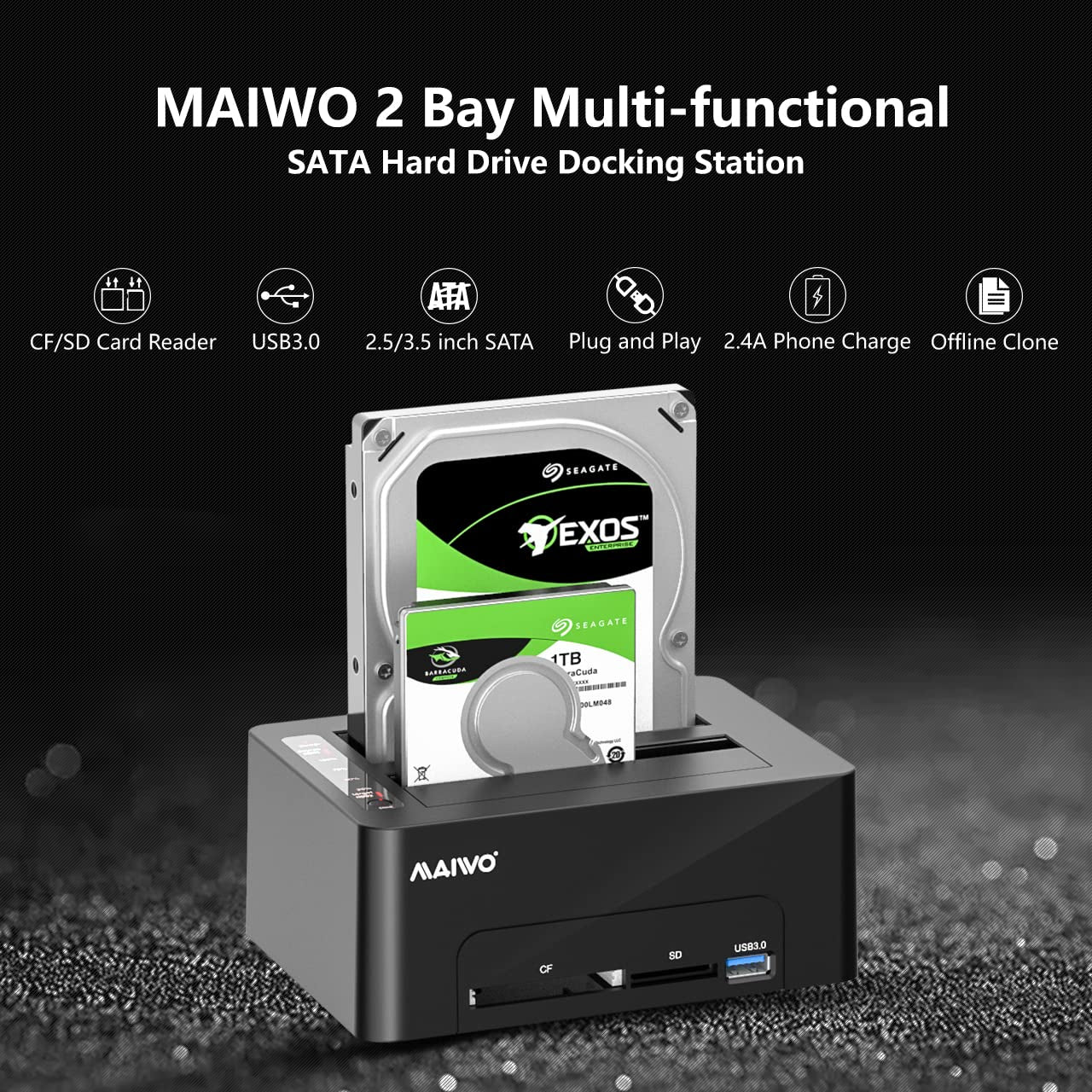 Maiwo Dual Bay Hard Drive Docking Station With Offline Clone For 2.5 3.5 Inch Sata Hdd Ssd, Sd/Cf Card/Usb3.0 Expansion, 44Tb Capacity, External Hard Drive Duplicator Cloner