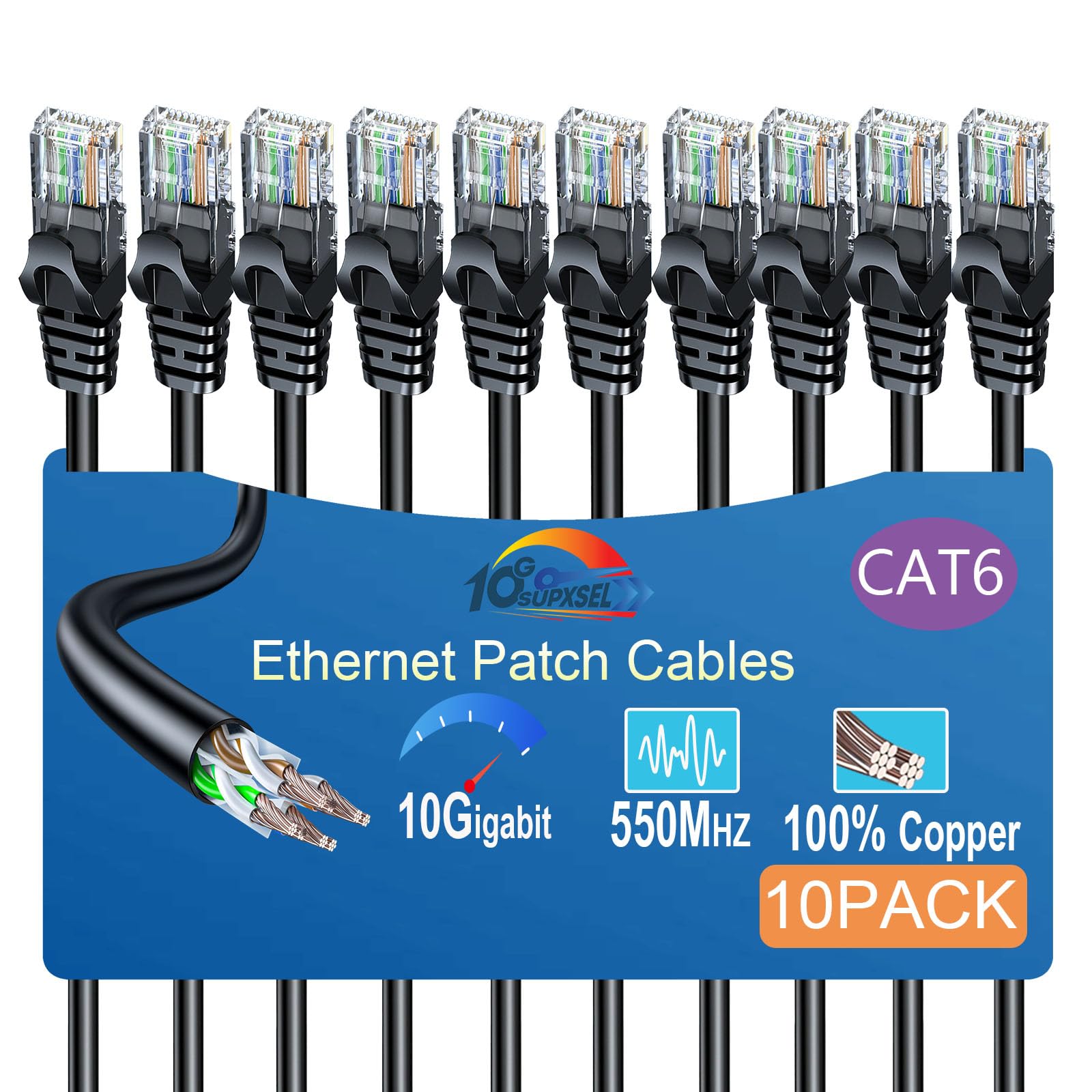 Cat 6 Ethernet Cable 7Ft 10Pack, Cat6 Ethernet Patch Cable 10Gbps, High Speed Utp Cat6 Network Cable Pure Copper, Cat 6 Cable Fo