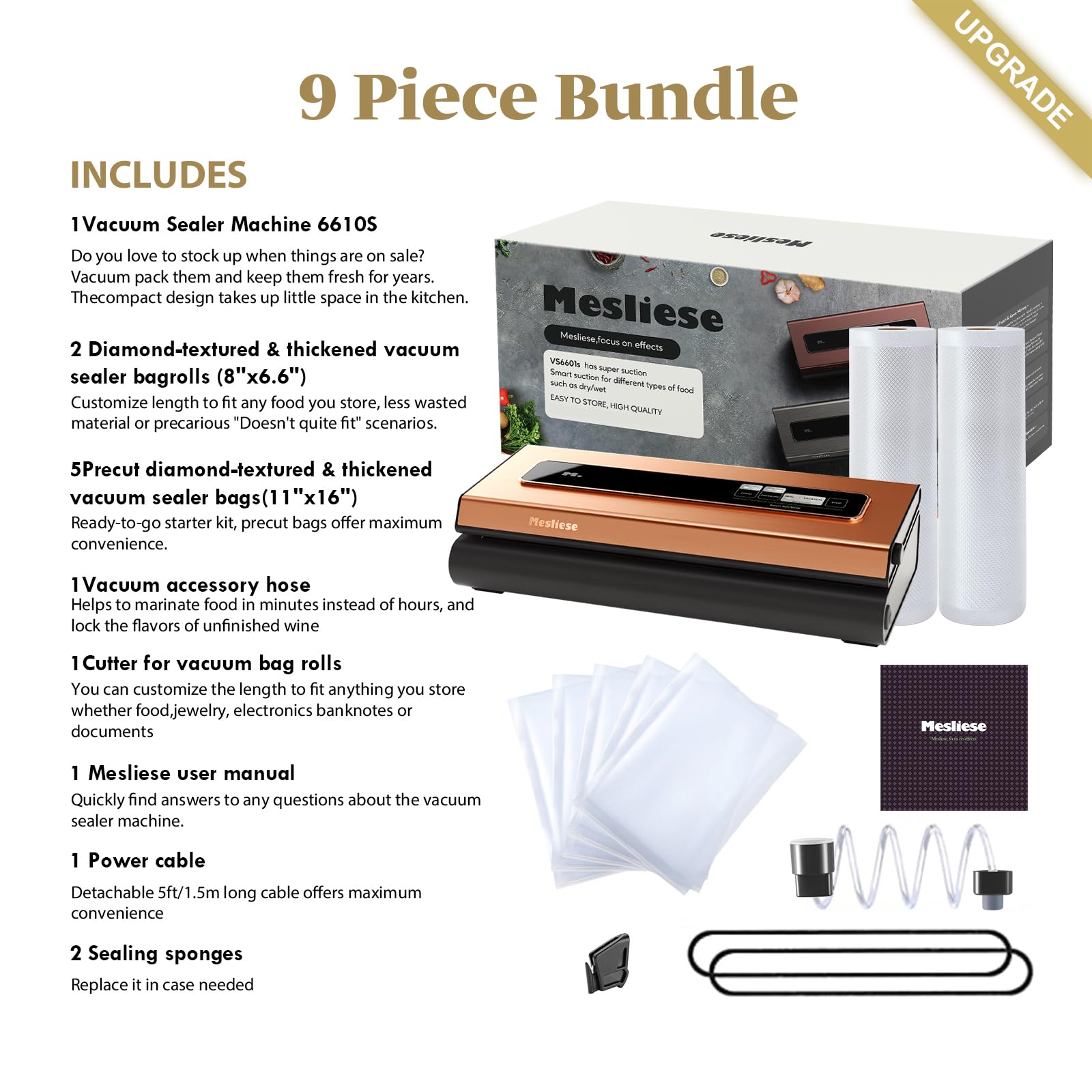 Mesliese Vacuum Sealer Machine Powerful 90Kpa Precision 6 In 1 Compact Vacuum Food Preservation System Built In Cutter, 2 Bag Ro