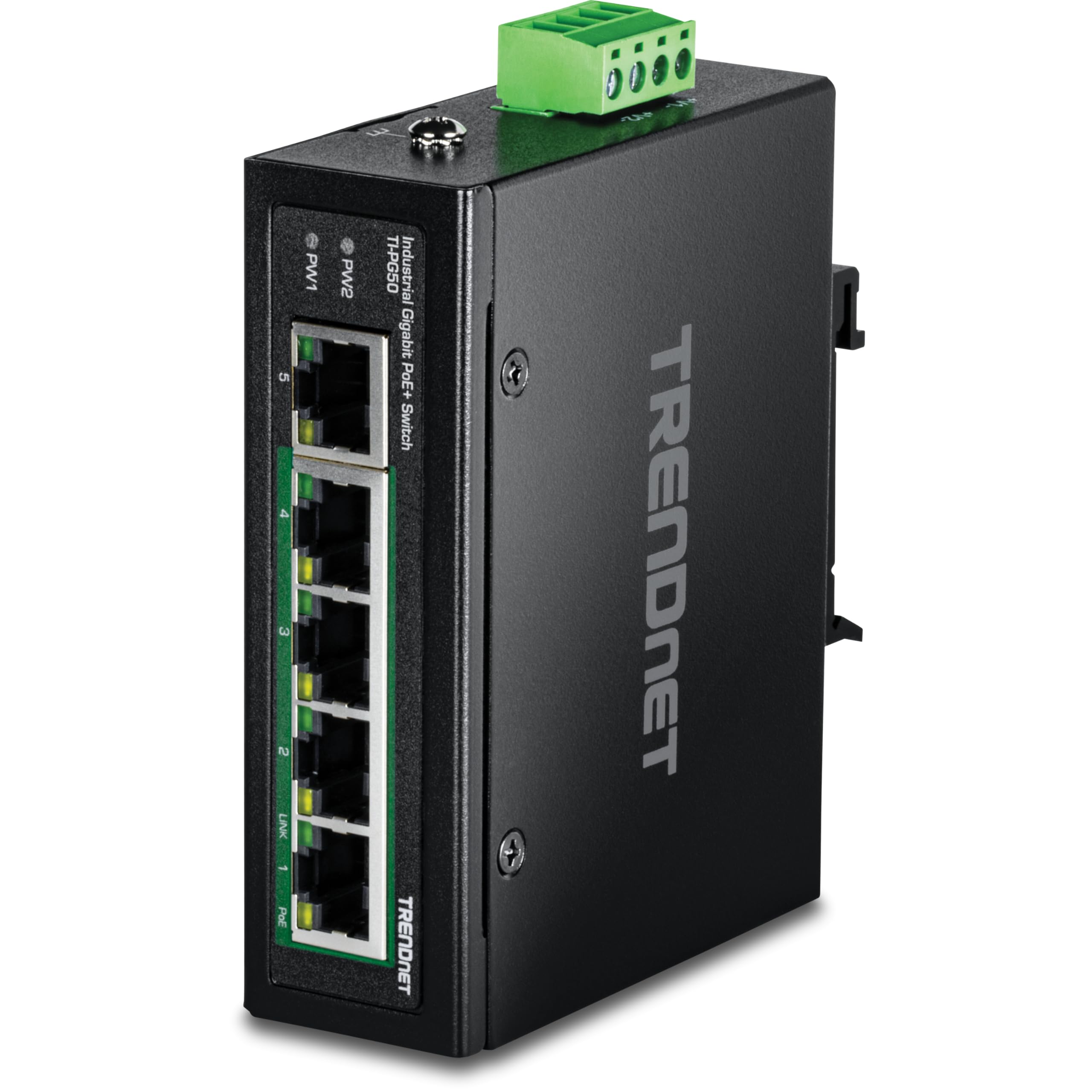 Trendnet 5 Port Hardened Industrial Unmanaged Gigabit Switch, Ti Pg50, 101001000Mbps, Din Rail Switch, 4 X Gigabit Poe+ Ports, 1