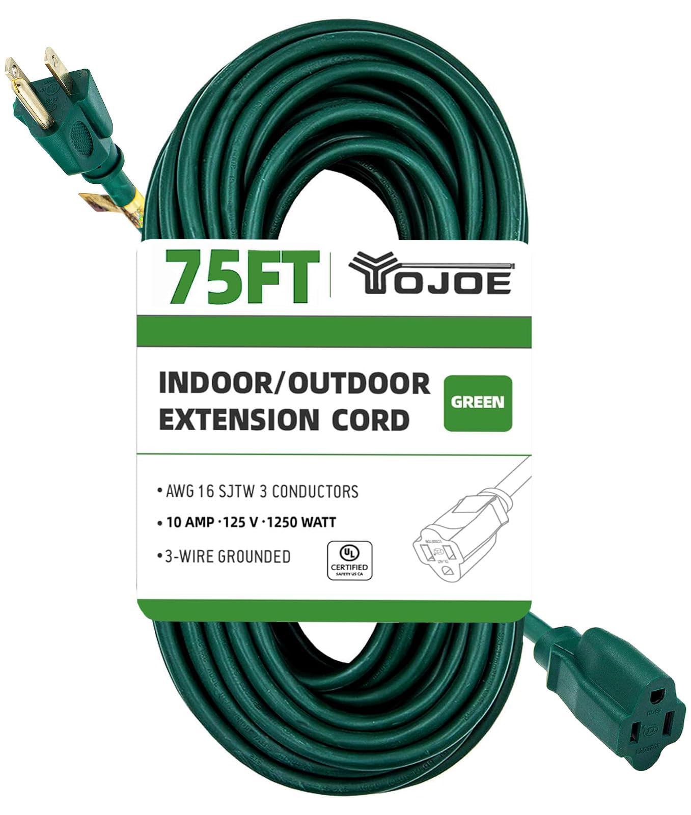 Yojoe Indoor Outdoor Extension Cord, 3 Prong 10A Weatherproof Power Extension Cord, 16 Gauge Heavy Duty 75 Ft Green Extension Co