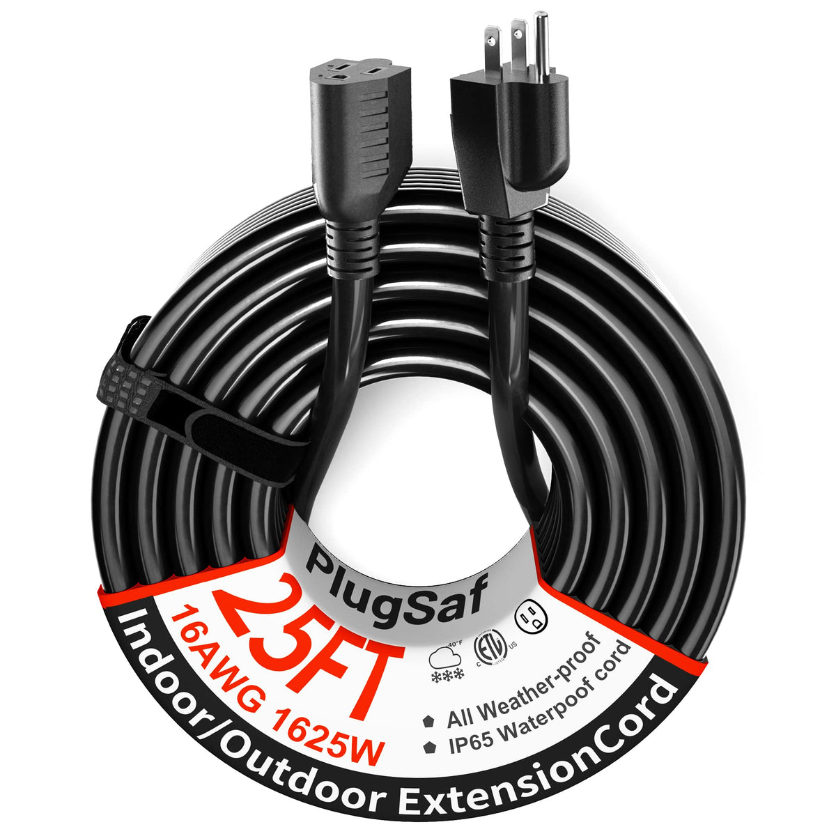 Plugsaf Black Outdoor Extension Cord 25 Ft 16/3 Gauge Waterproof, Cold Weatherproof  58?F, Flame Retardant, Flexible 3 Prong Hea
