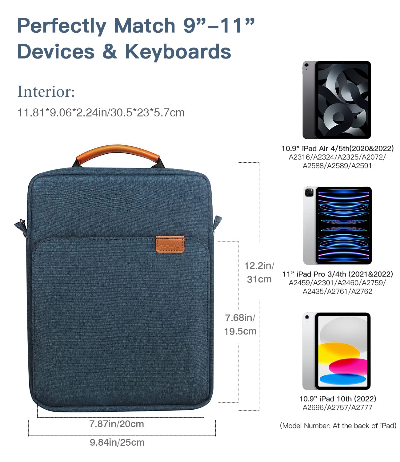MoKo 9 11 Inch Tablet Sleeve Bag Handle Carrying Case with Shoulder Strap Fits New 11 inch iPad Pro M4/iPad Air M2, iPad 10th 10.9, iPad 9/8/7th 10.2, iPad Air 5/4th 10.9, Tab S8/S9 11, Indigo