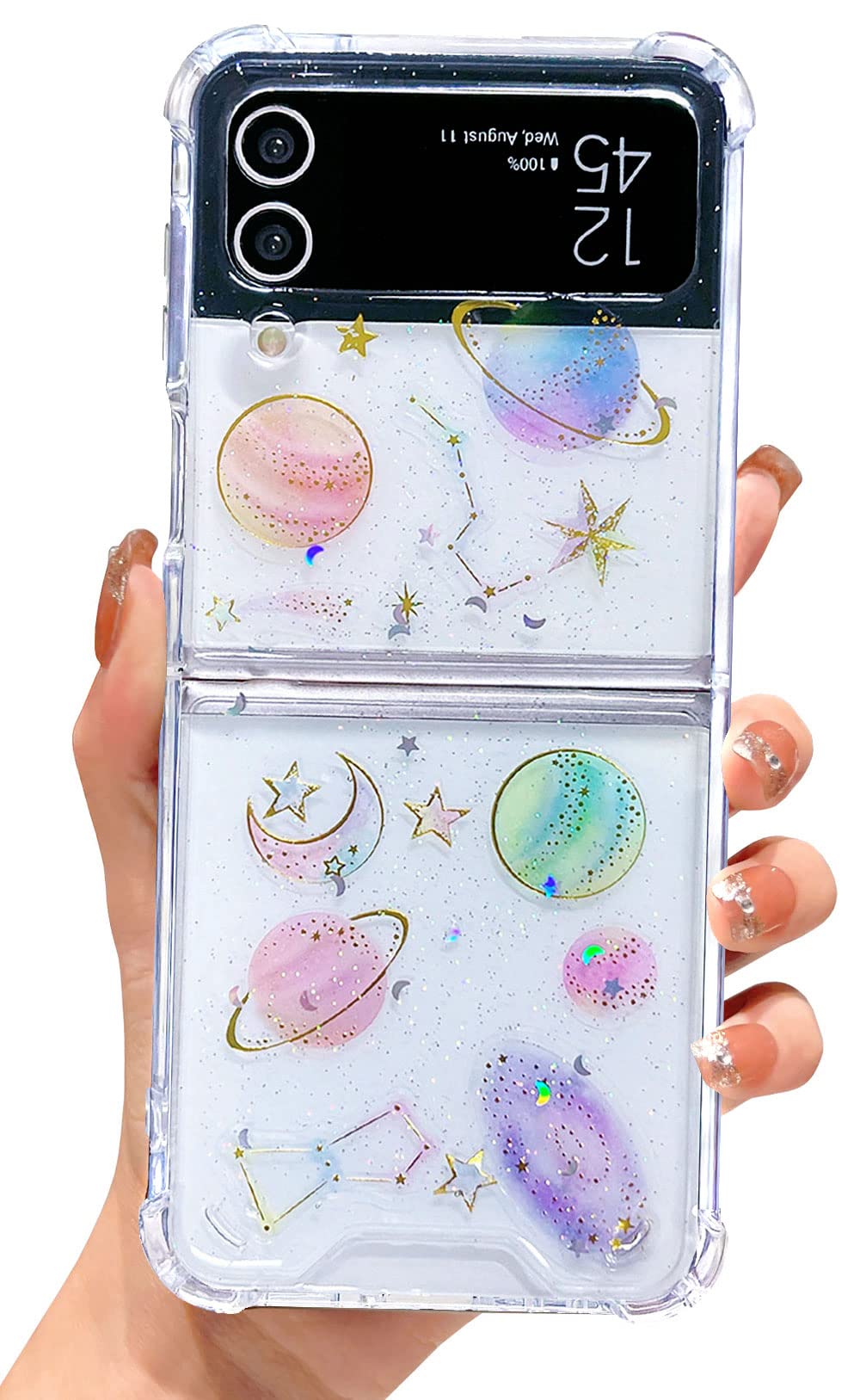 Abbery for Samsung Galaxy Z Flip 3 5G Case Clear with Design Glitter Cute Stars Moon Sparkle TPU & PC Transparent Space Theme Wo