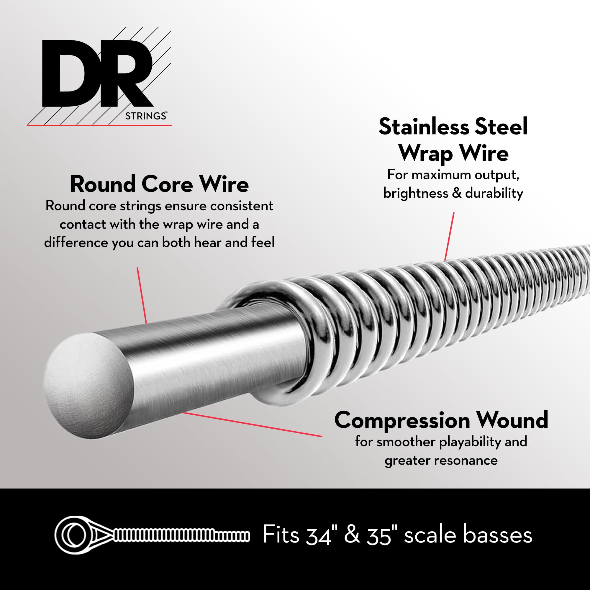 Dr Strings Hi Beams   Stainless Steel 4 String Bass Guitar Strings, 45 105, Round Core