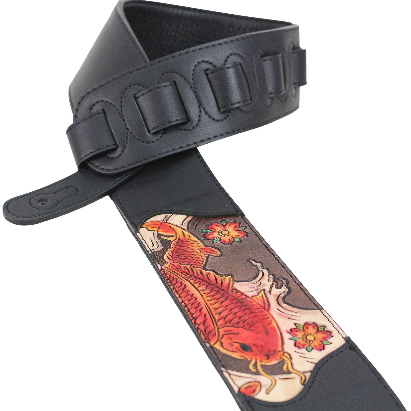 Walker & Williams Cvg-162 Black Padded Guitar Strap With Hand Tooled Red And Brown Koi Fish Design