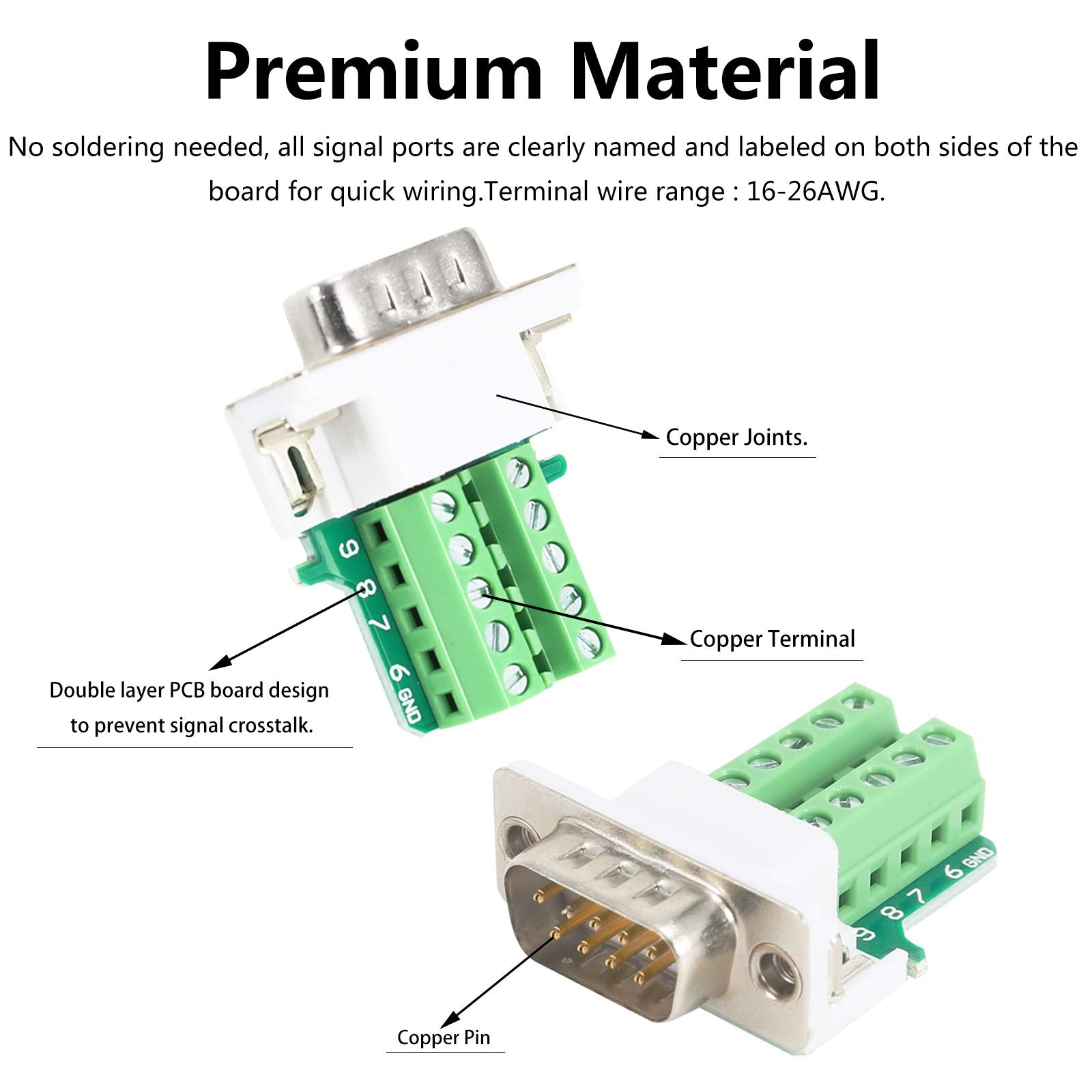 Bifale Db9 Breakout Connector (2 Male+2 Female), Db9 Solderless Connector Rs232 D Sub Serial Adapters 16Mm Thinner 9 Pin Port Te