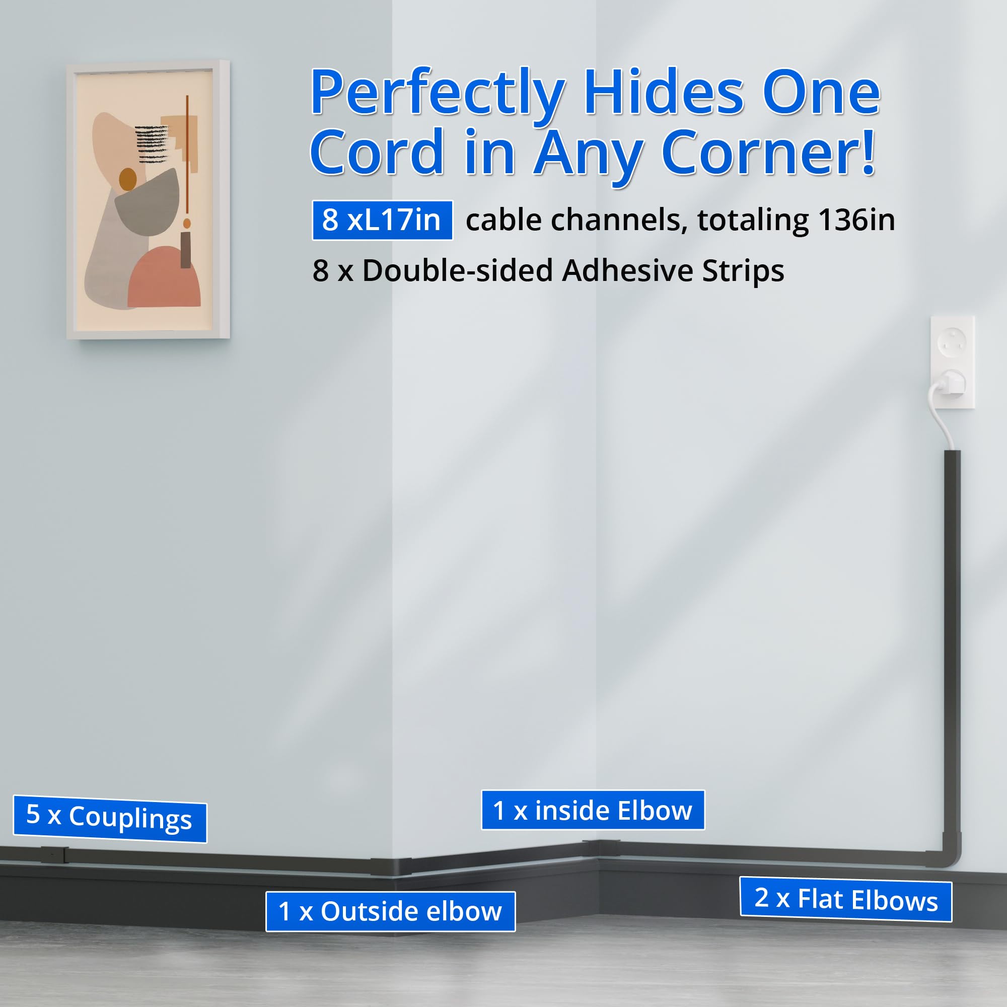 Cord Hider Wall For One Cord 136In, Zhiyo Cord Covers For Wires On Wall, Easy Install Cable Cover Wall, Black Cable Raceway Hide