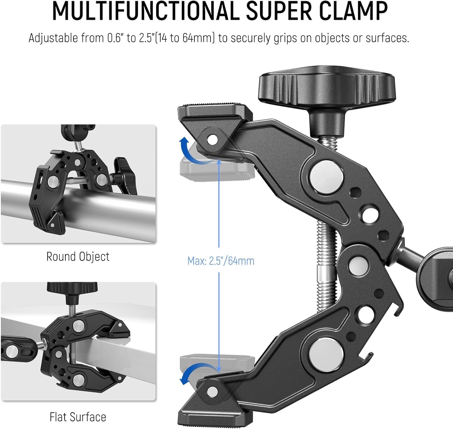 Neewer Super Clamp With 3'' Dual Ballhead Magic Arm, Cold Shoe, 1/4'' Threads, Phone/Action Camera Mount Adapter For Desk Tripod