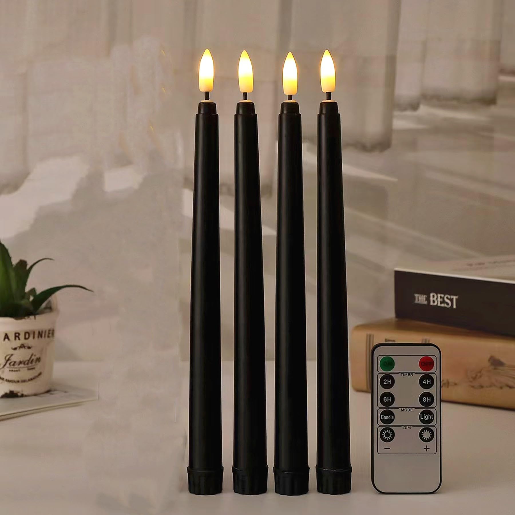 Ni Jasw Black Flameless Taper Candles With Remote, Flickering Battery Operated Led Candlesticks Set Of 4