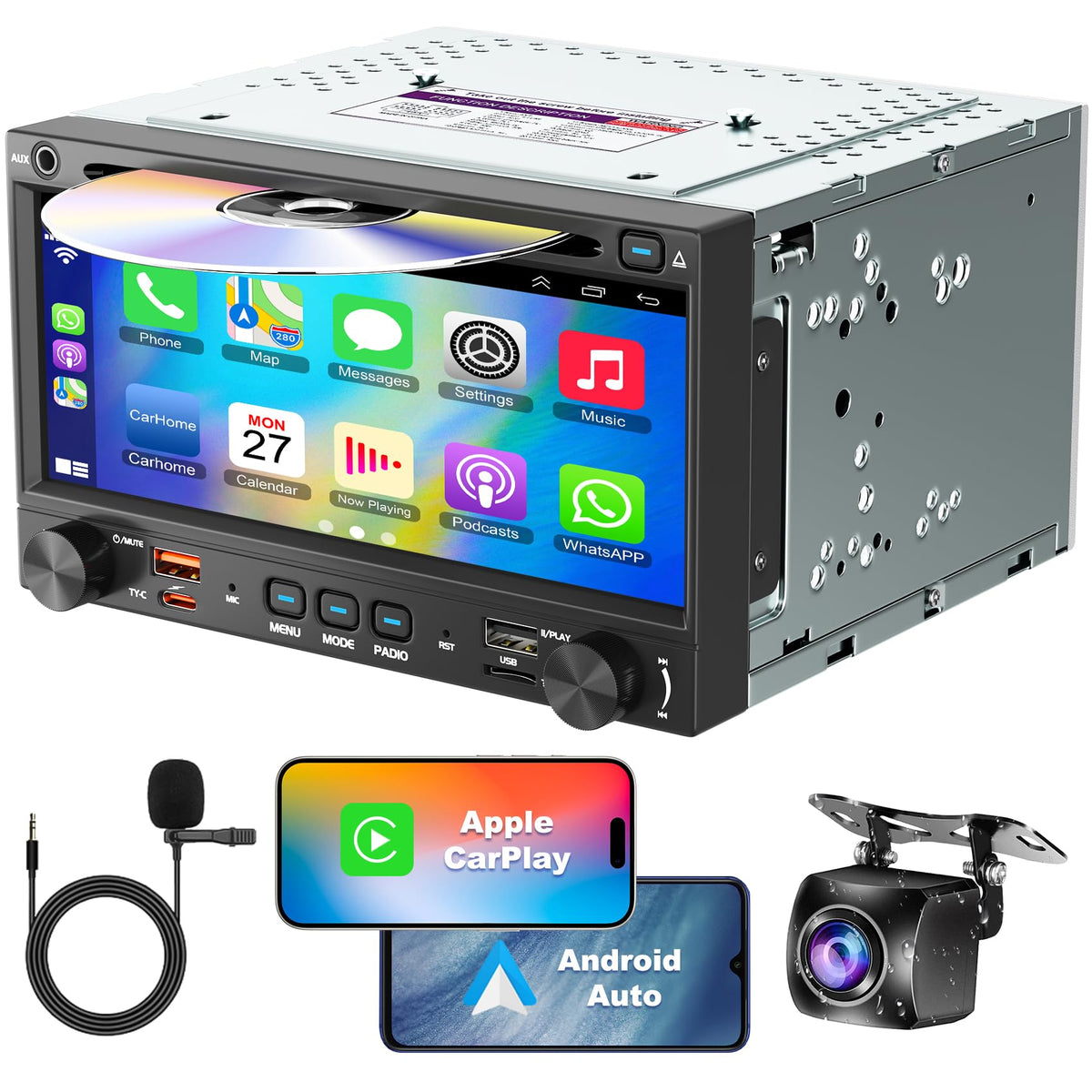 Double Din Car Stereo Cd Dvd Player With Wireless Carplay&Android Auto, 7 Inch Car Radio 4.2-Channel Audio Output Bluetooth & Vo