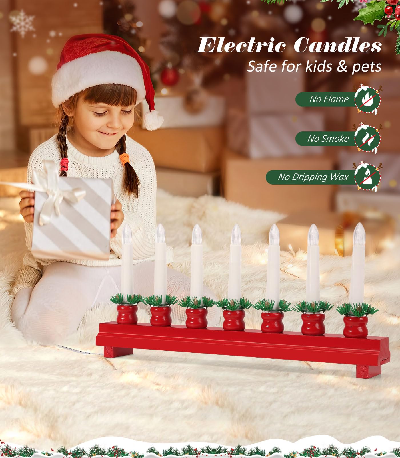 Lewondr Electric Christmas Candelabra With 7 Flameless Taper Candles, Usb Powered Wooden Candle Bridge Light For Decorative Xmas