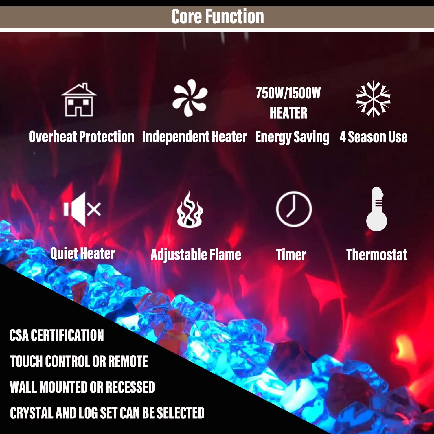 Masarflame 60 Inch Electric Fireplace, Recessed And Wall Mount Fireplace Heater, Quiet & Linear Fireplace Insert With 13  13 Adj