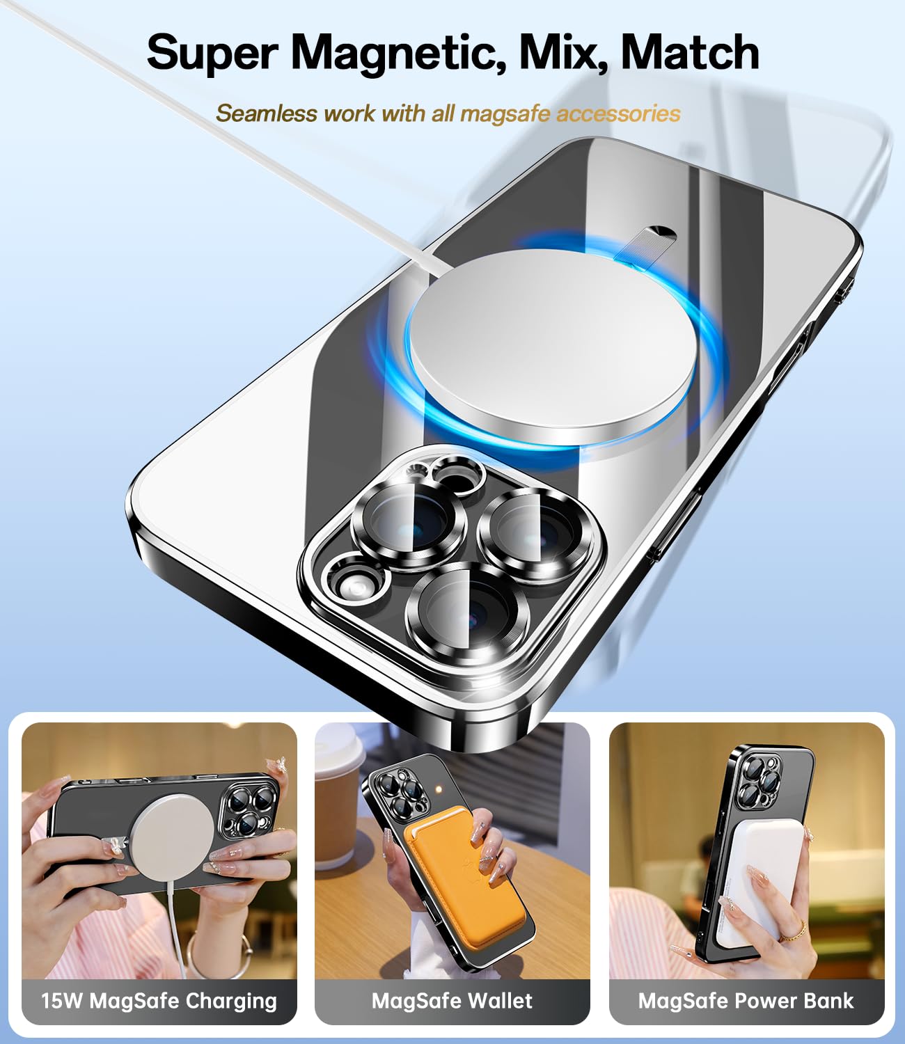 Waldeng For Iphone 16 Pro Case With 1X Screen Protector, [Seamless Work With Magsafe] [Interchangeable Glitter Card], With Integ