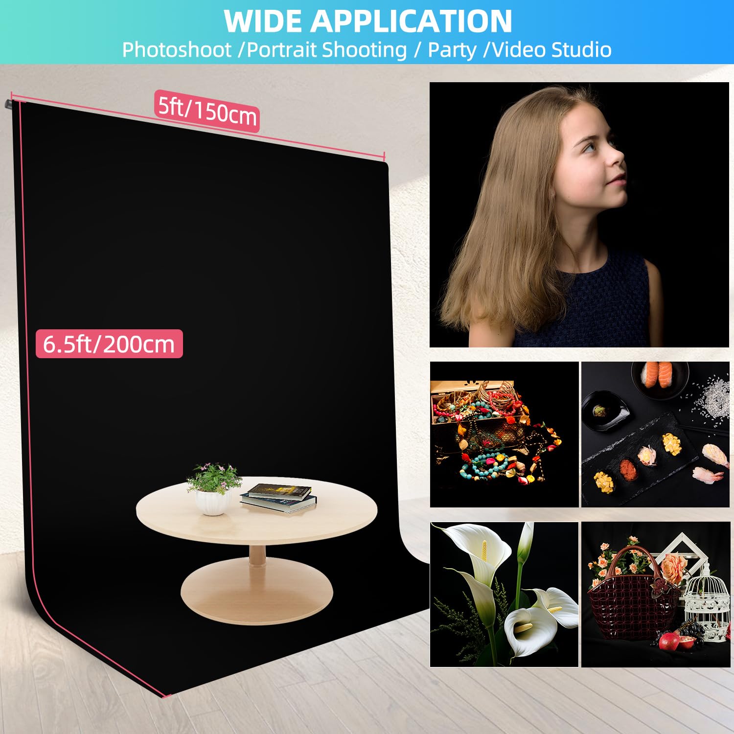 Jebutu Black Backdrop Background With Stand For Photoshoot, 5X6.5Ft Black Photo Backdrop Curtain Cloth With Background Support S