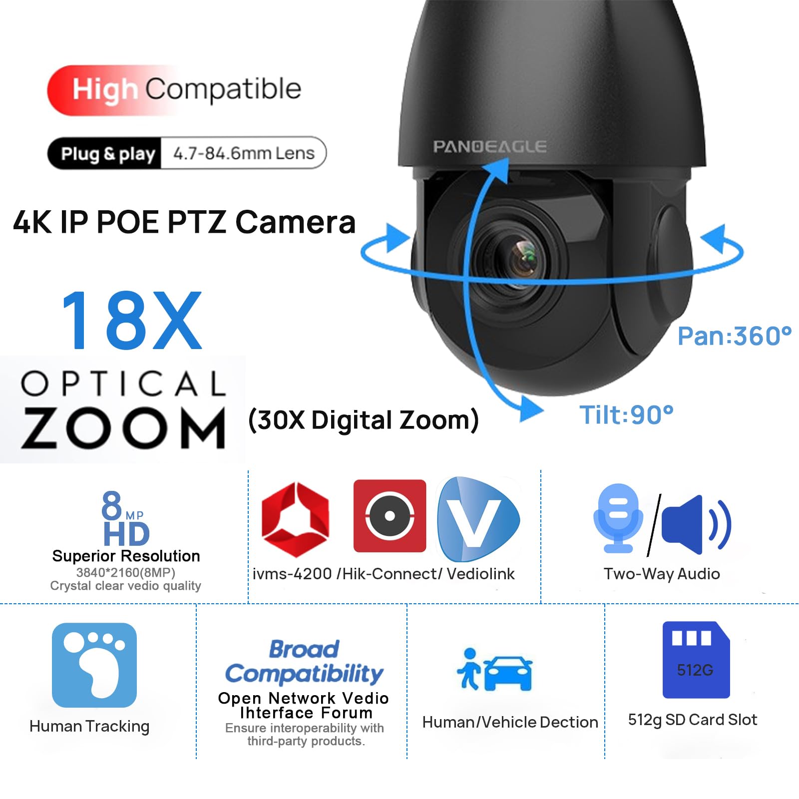 4K 8Mp Ptz Ip Poe Camera,Security Outdoor Camera, Pan Tilt 18X Optical Zoom,Human Auto Tracking,Smart Human/Vehicle Detection,Tw