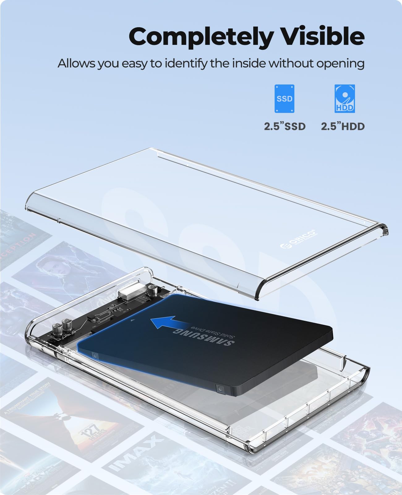 ORICO 2.5'' External Hard Drive Enclosure USB 3.0 to SATA III Tool Free Clear Hard Disk Case for 2.5 inch 7mm 9.5mm SATA HDD SSD Max 6TB Support UASP(2139U3)