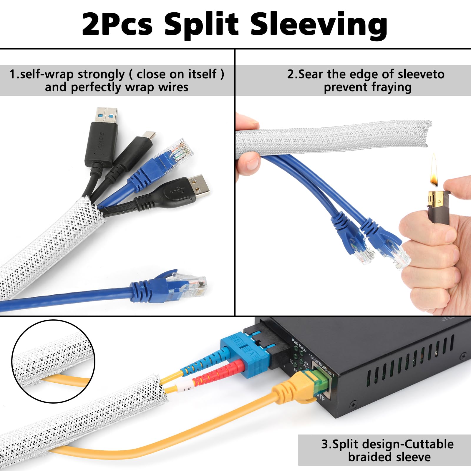 Cord Management Organizer Kit 2 Cable Sleeve Split With 41Self Adhesive Cable Clips Holder, 10Pcs And 2 Roll Self Adhesive Tie A