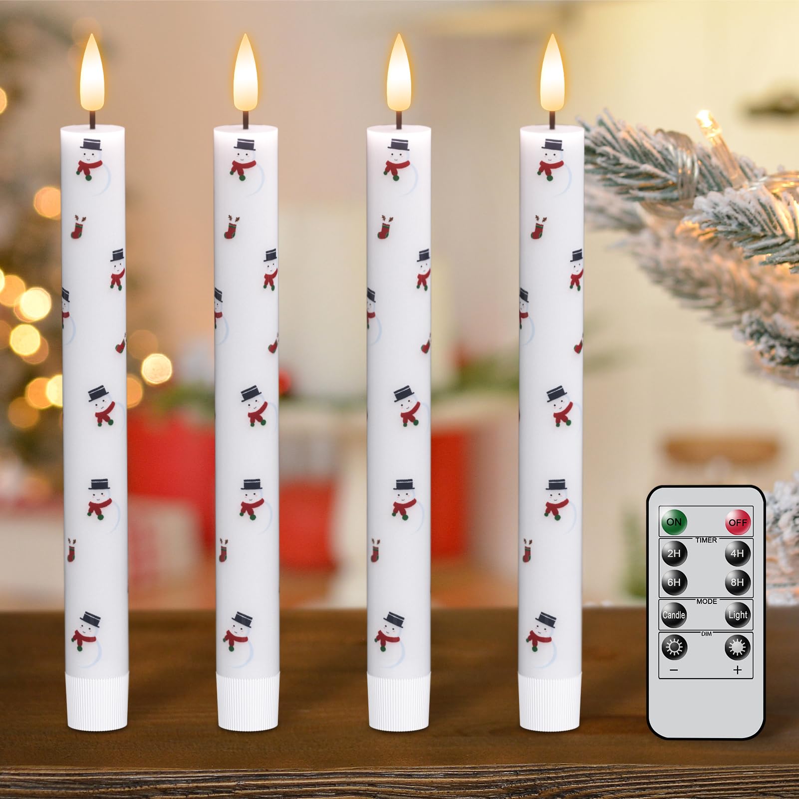 Eldnacele Christmas Taper Flameless Candles With Remote And Timer, Battery Operated 3D Wick Flickering Snowman Decal Candles Rea