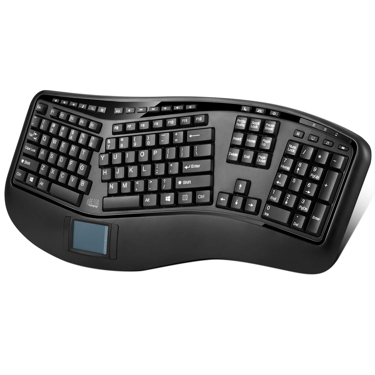Adesso 2.4Ghz Wireless Tru Form Media 3D Ergonomic Touchpad Keyboard With Sp, Black