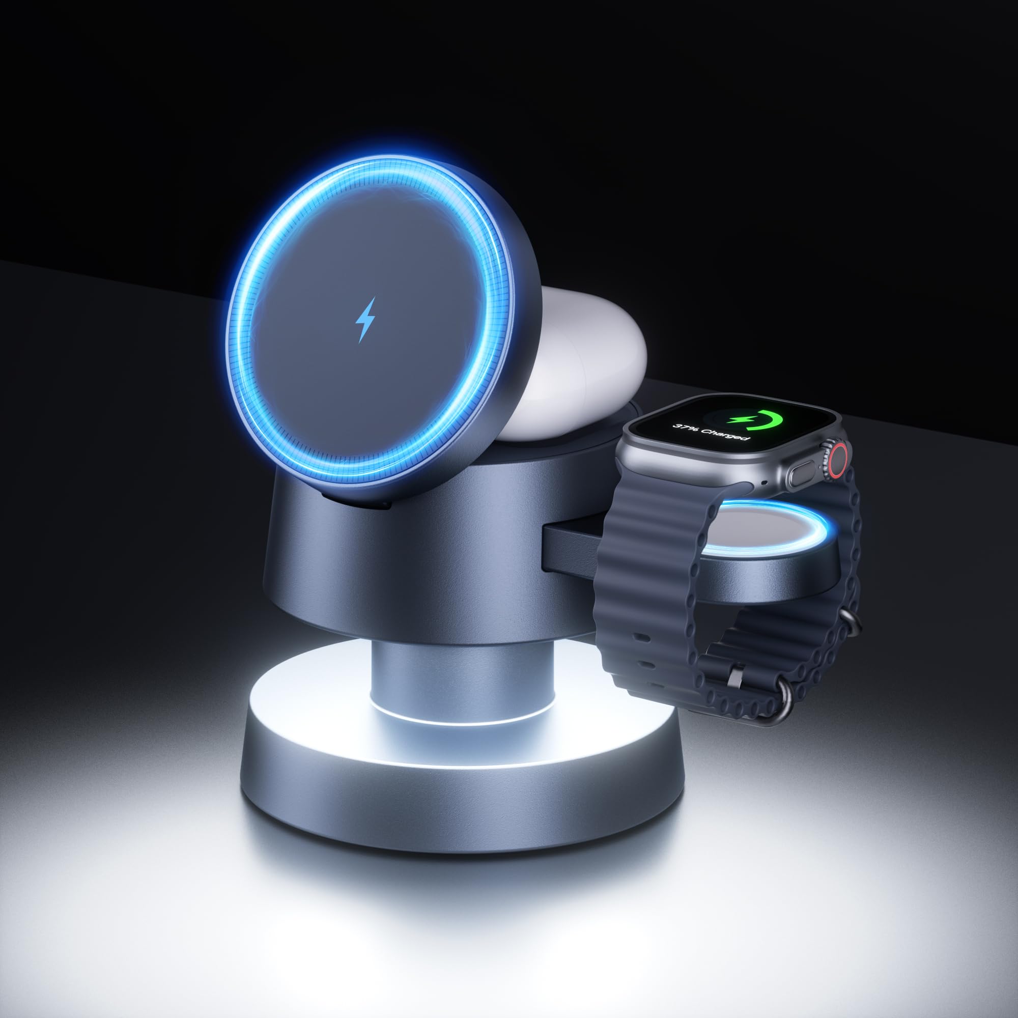 Kcuskl 4 in 1 Magnetic Wireless Charging Station,15W Fast Charging with Adjustable Night Light for MagSafe Charger Stand,3 in 1 