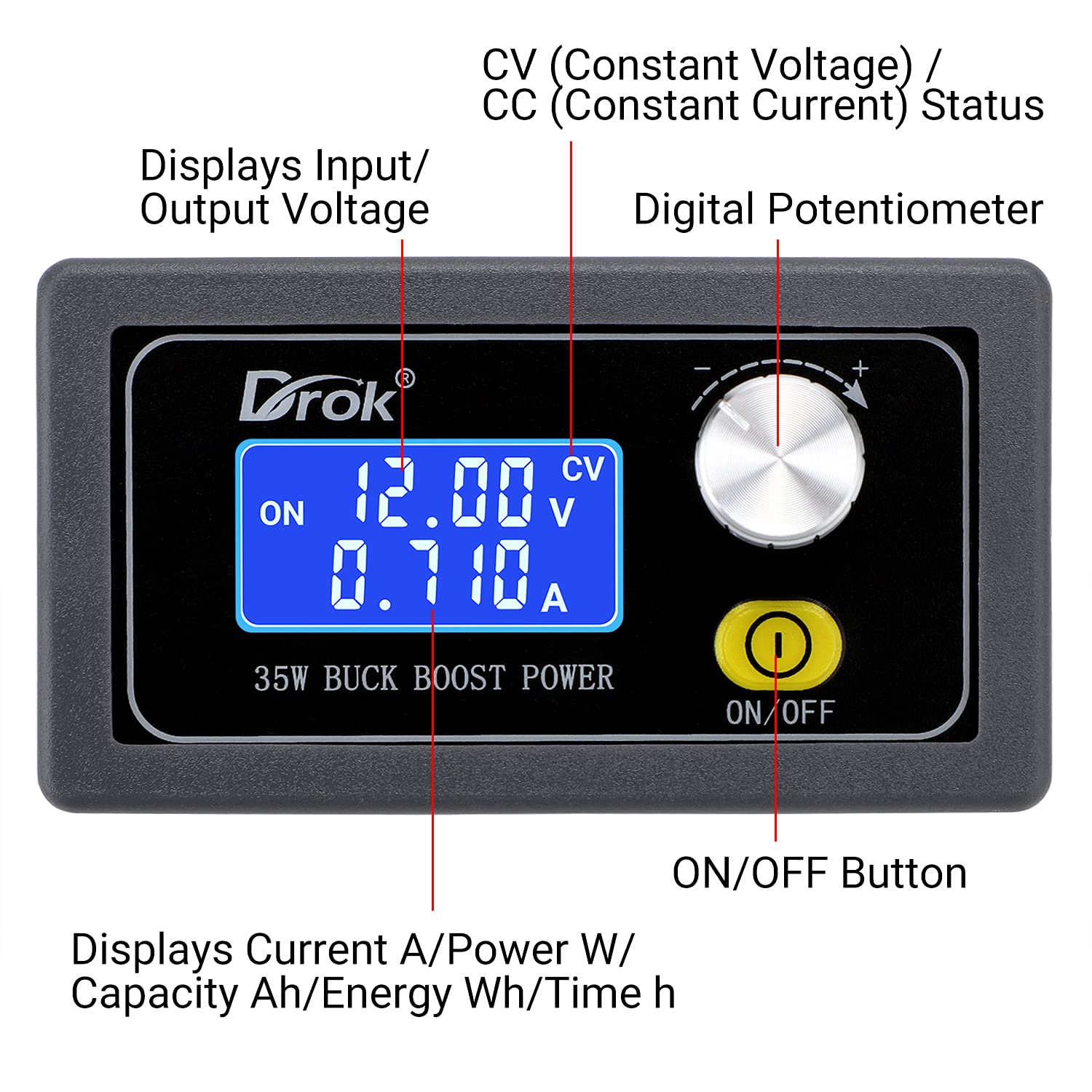 DROK DC Buck Boost Converter 5V-30V, Digital Control Power Supply with LCD Display, Voltage Regulator for Golf Cart, 35W