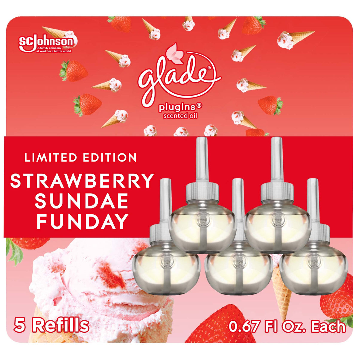 Glade Plugins Refills Air Freshener, Scented And Essential Oils For Home And Bathroom, Strawberry Sundae Funday, 3.35 Fl Oz, 5 C