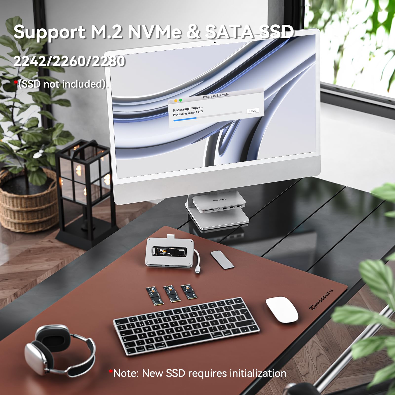 Minisopuru USB C Hub for iMac 2021/2023/2024 M1/M3/M4 with 10Gbps NVMe SSD Support Aluminum Silver