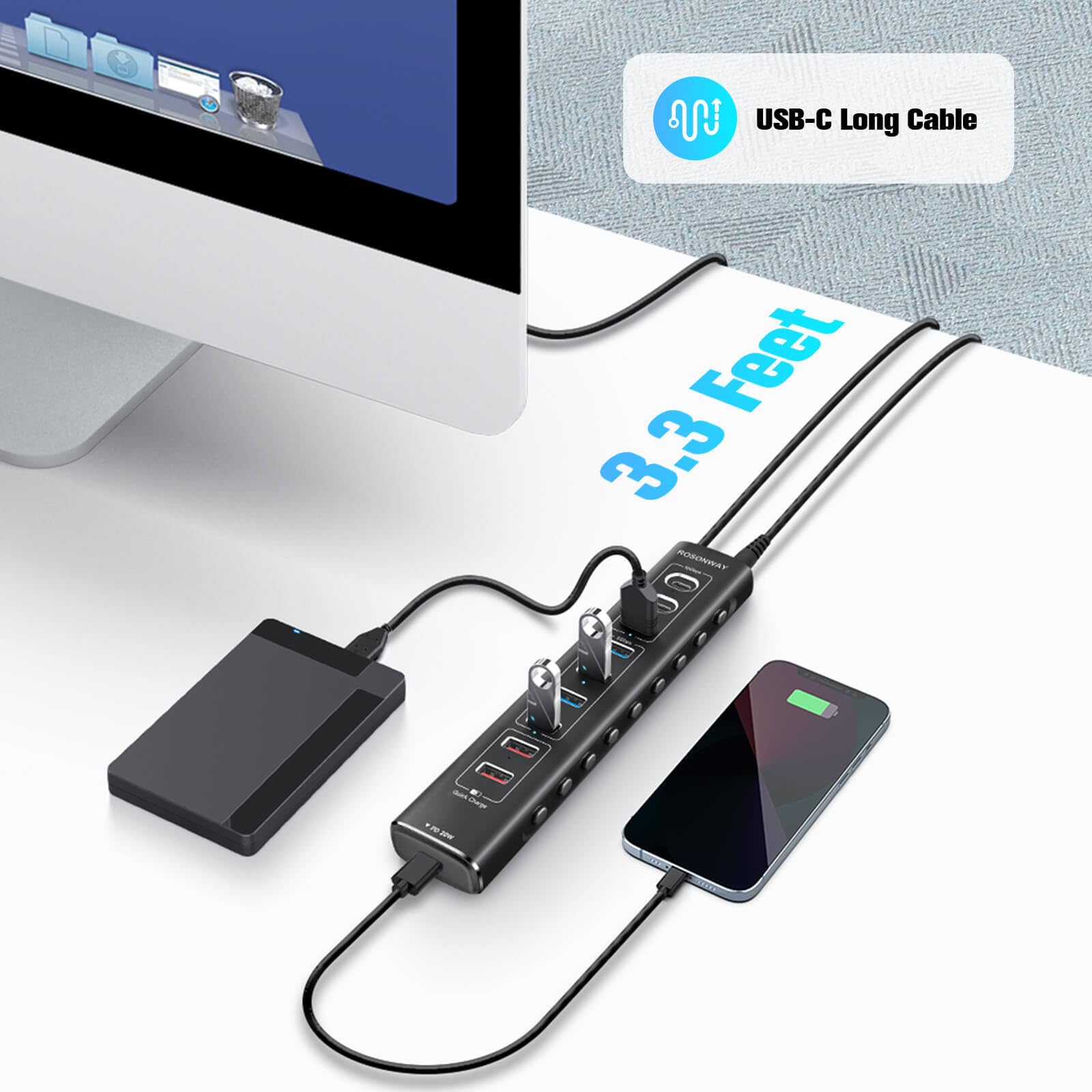 Rosonway 10-Port Powered USB 3.2 Hub, 60W, Aluminum, 3x10Gbps USB-C, 4 USB 3.0 Data Ports, Silver,