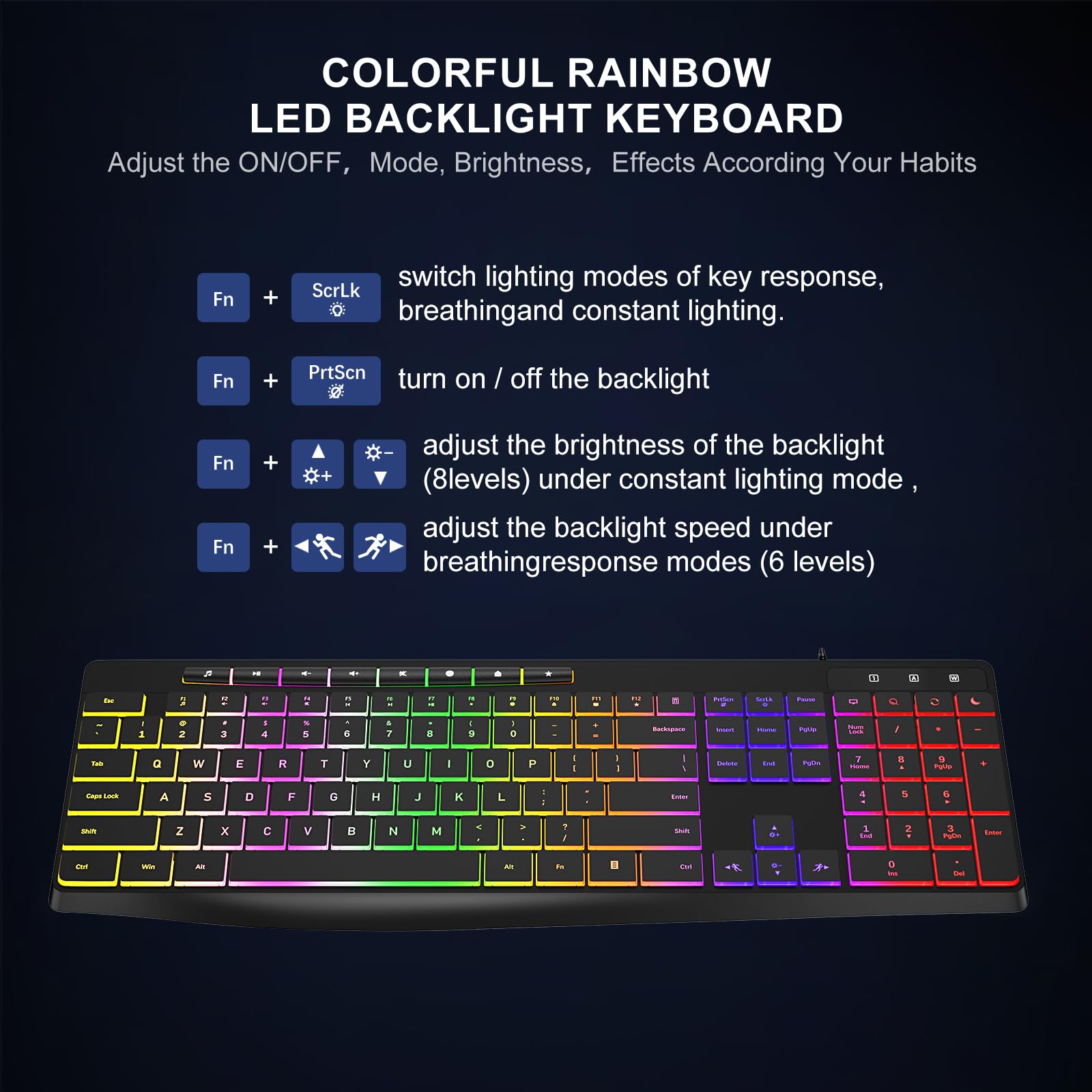 Computer Keyboard Wired,7 Color Rainbow Led Backlit, Quiet Light Up Keyboard With Multimedia Keys,Low Profile Chiclet Keys,Large