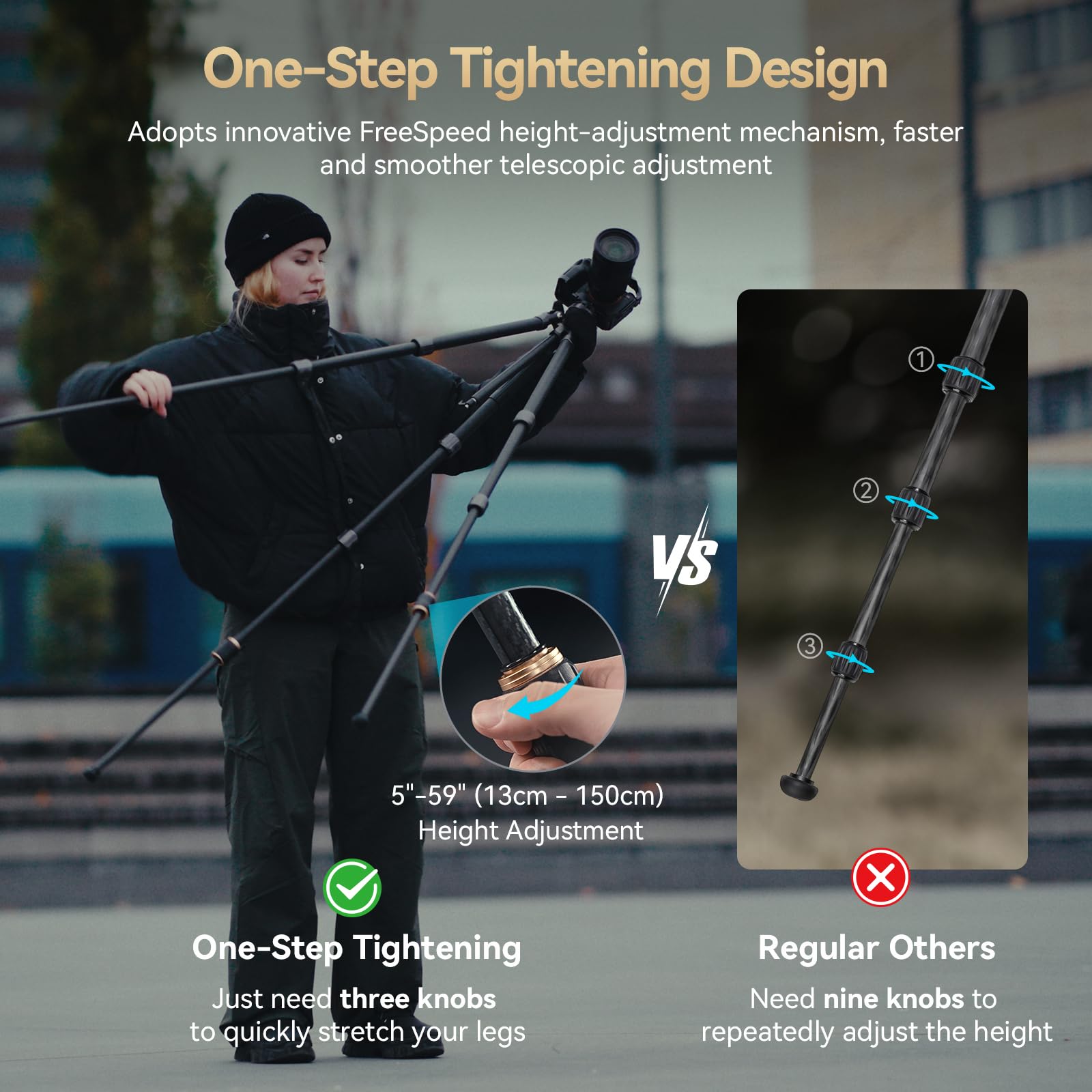 Smallrig Ap 100 Freerover Carbon Fiber Tripod, 59'' Photography Tripod With One Step Tightening System, Multi Compatible Mount P