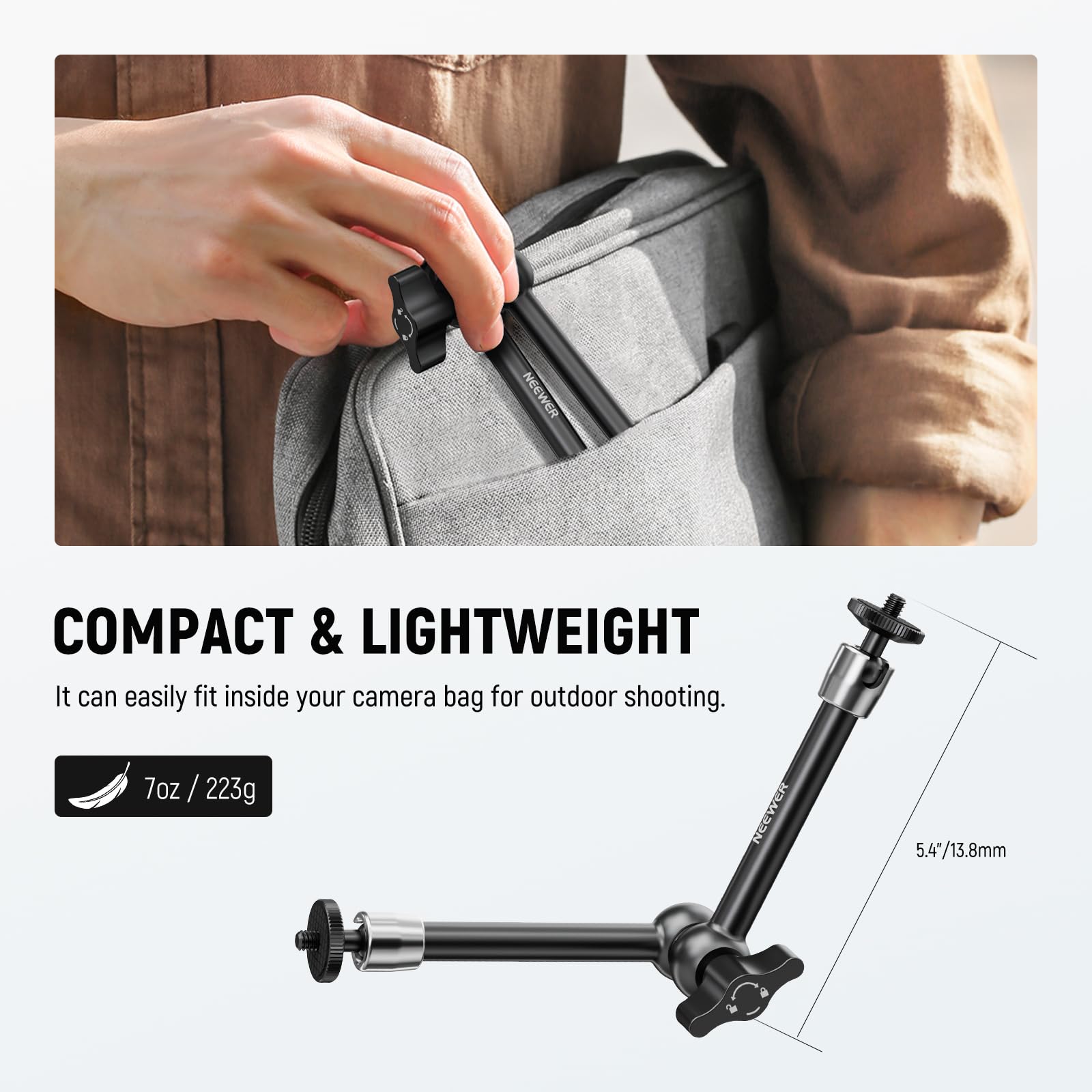 Neewer 9.8''/25Cm Adjustable Friction Magic Arm With 1/4'' Screw On Both Ends, Compatible With Smallrig Cage, Flash/Led Light/Mi