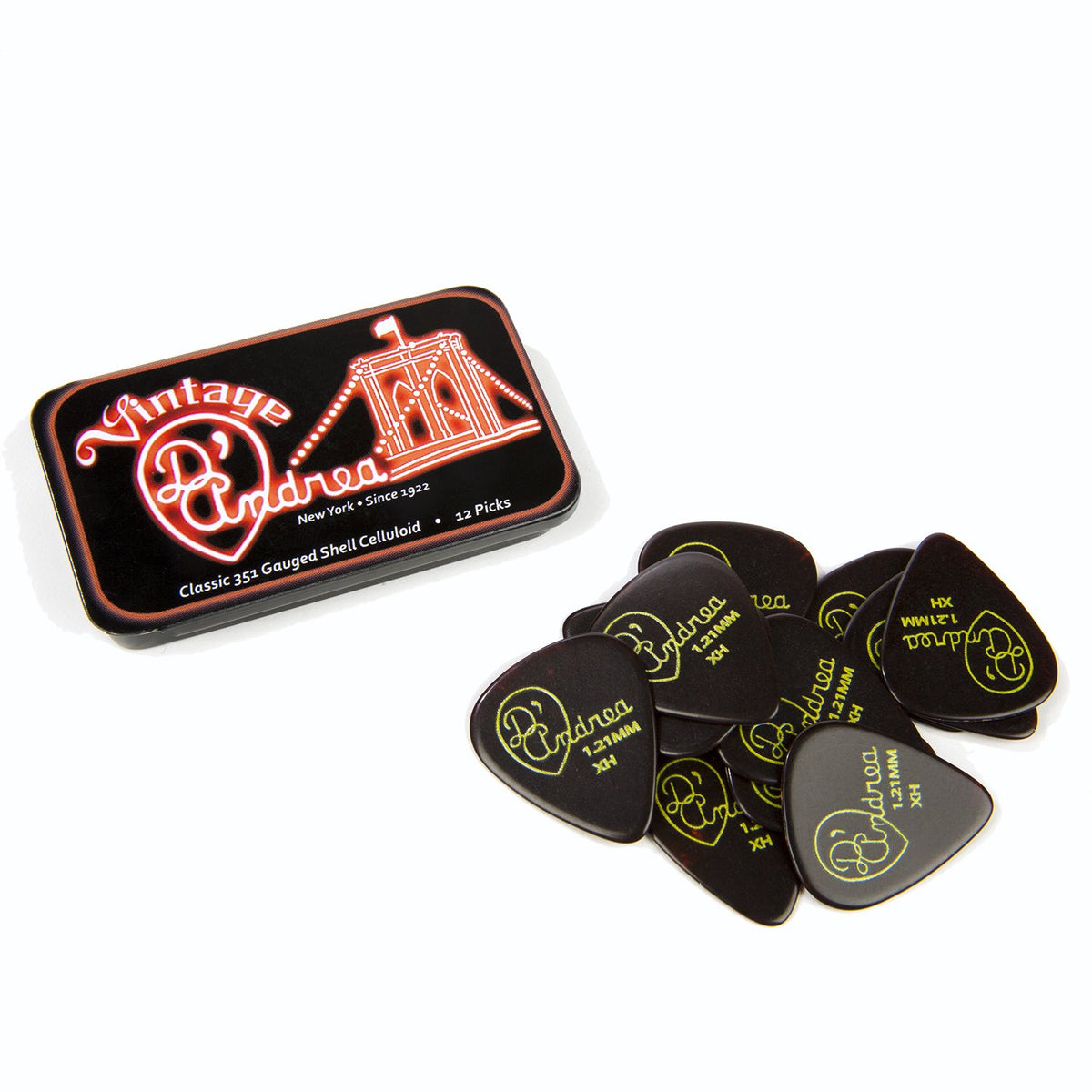 D'Andrea Tnvsx Guitar Picks, 12 Piece, Collectible Tin, Shell, Extra Heavy