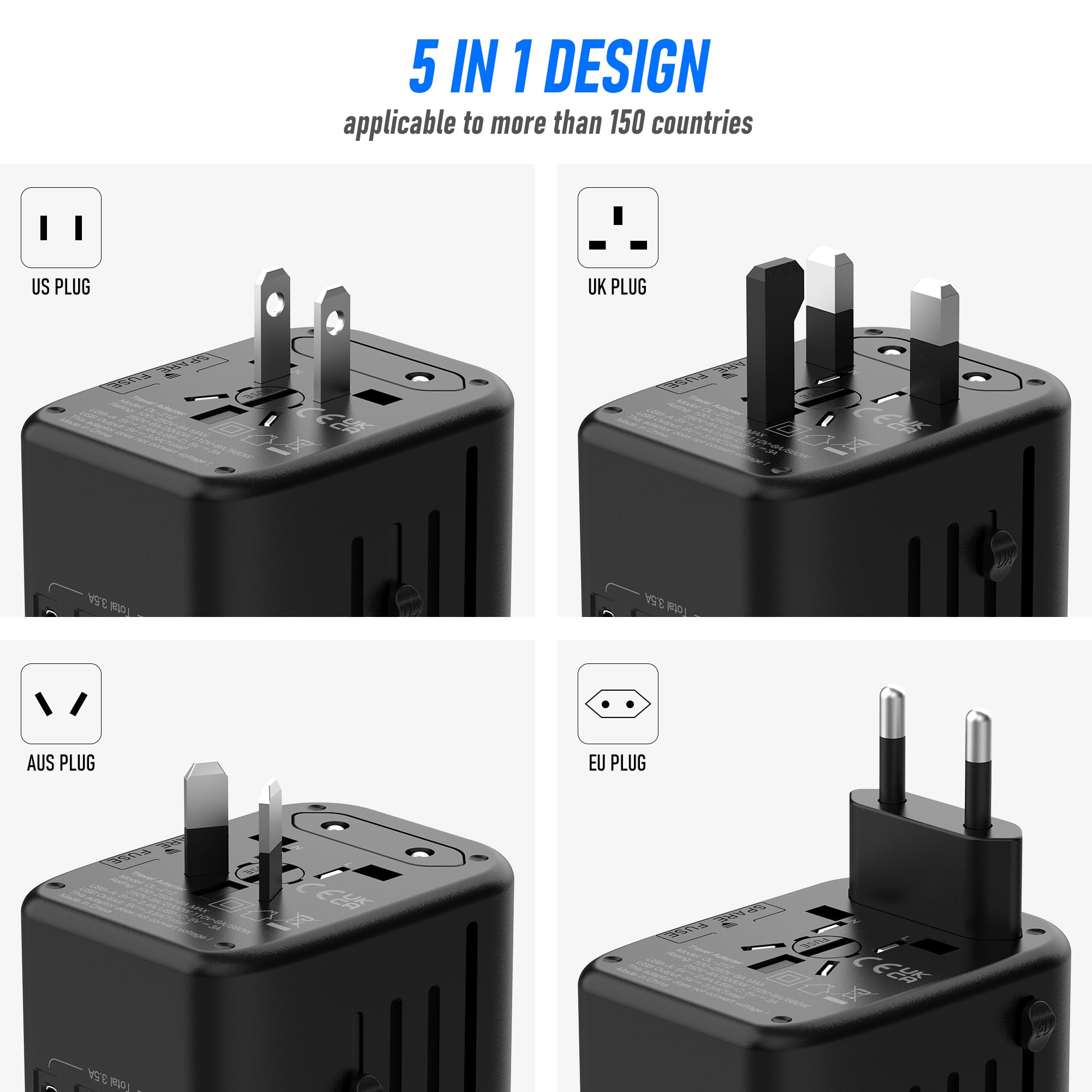 Vylee Universal International Power Travel Plug Adapter, 5 In 1 European Travel Plug Adapter W/ 3.5A 2Xusb A And 2Xusb C Wall Ch