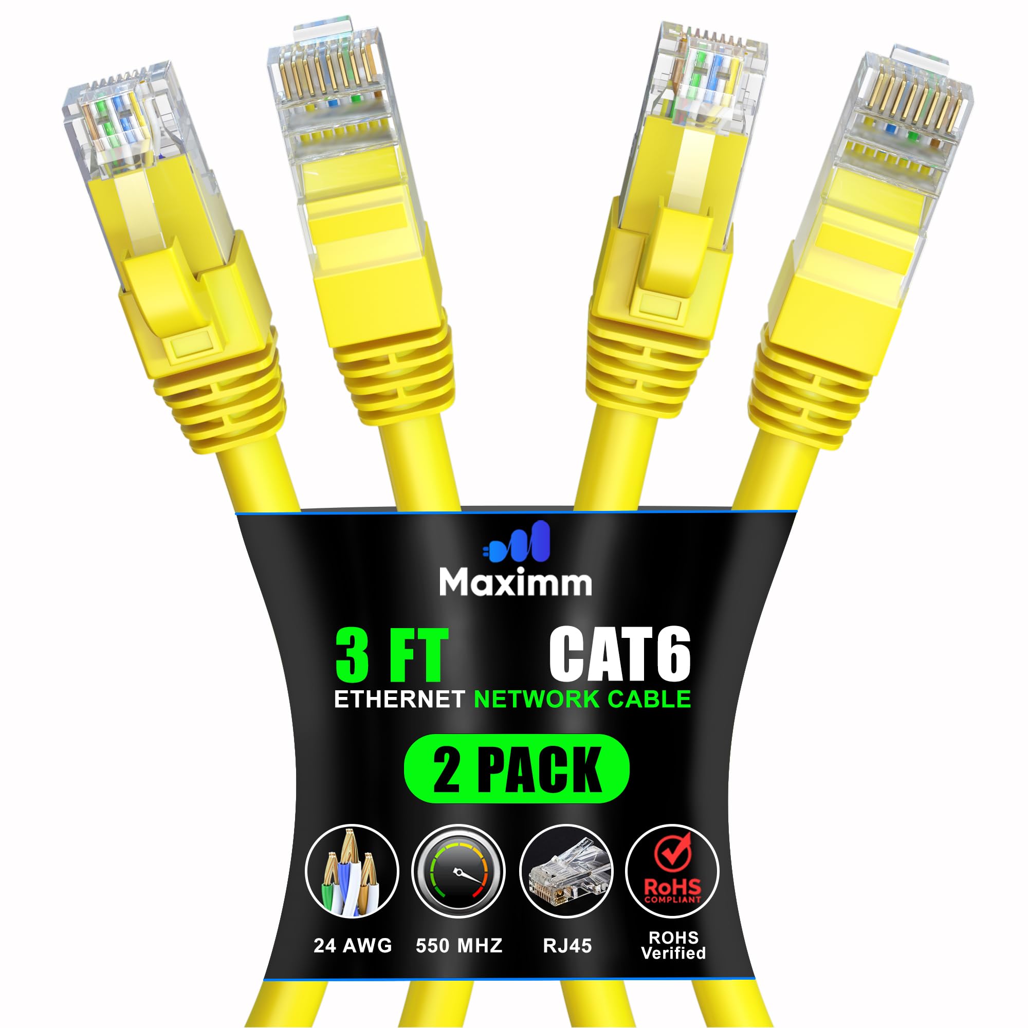 Maximm Cat 6 Ethernet Cable 3 Ft (2 Pack)   High Speed Lan Cable, Internet Cable, Patch Cable, And Network Cable   Utp, 10Gbps, 550Mhz Ethernet Cord   Yellow