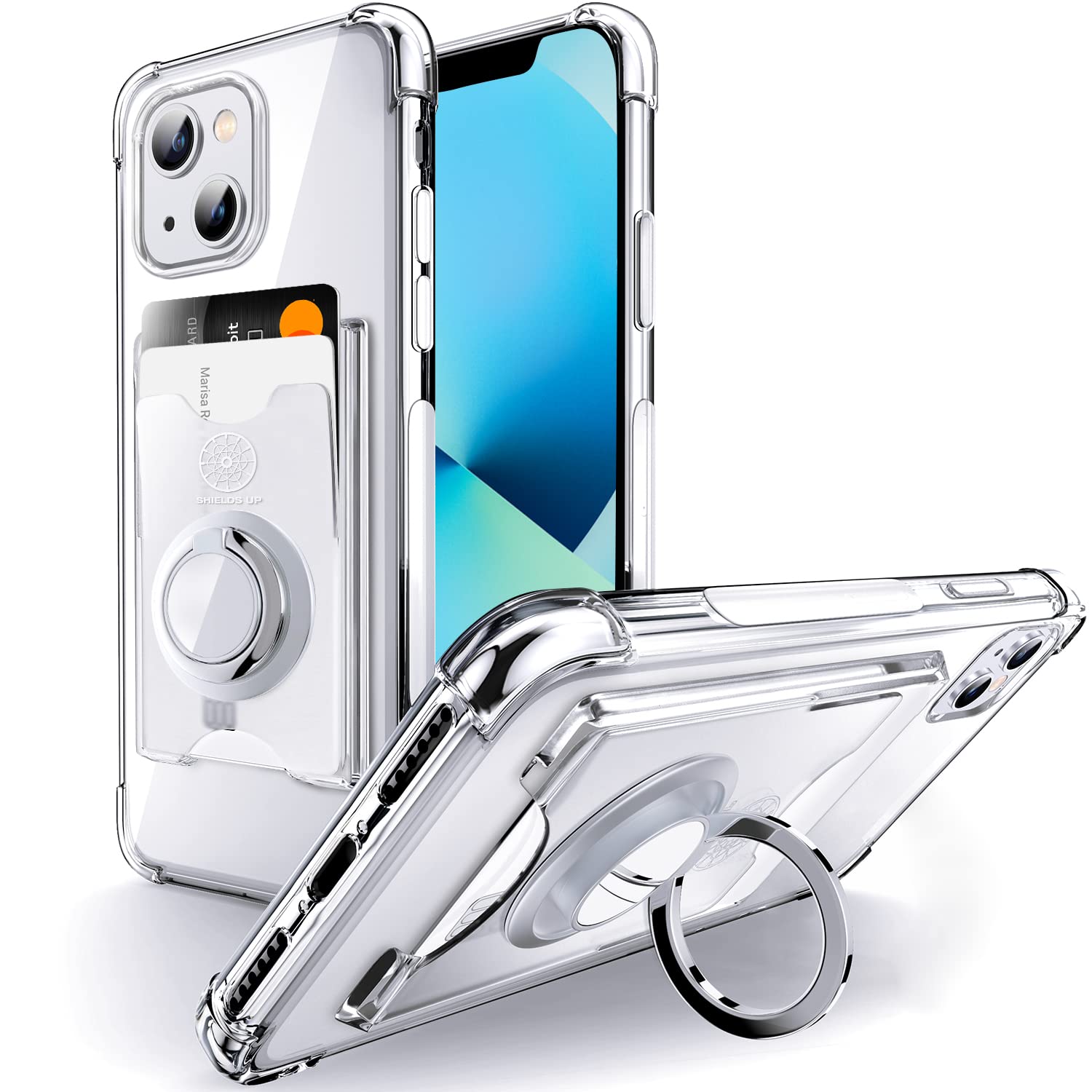 Shields Up Designed for iPhone 13 Case, Minimalist Wallet Case with Card Holder and Ring Kickstand/Stand, [Drop Protection] Slim