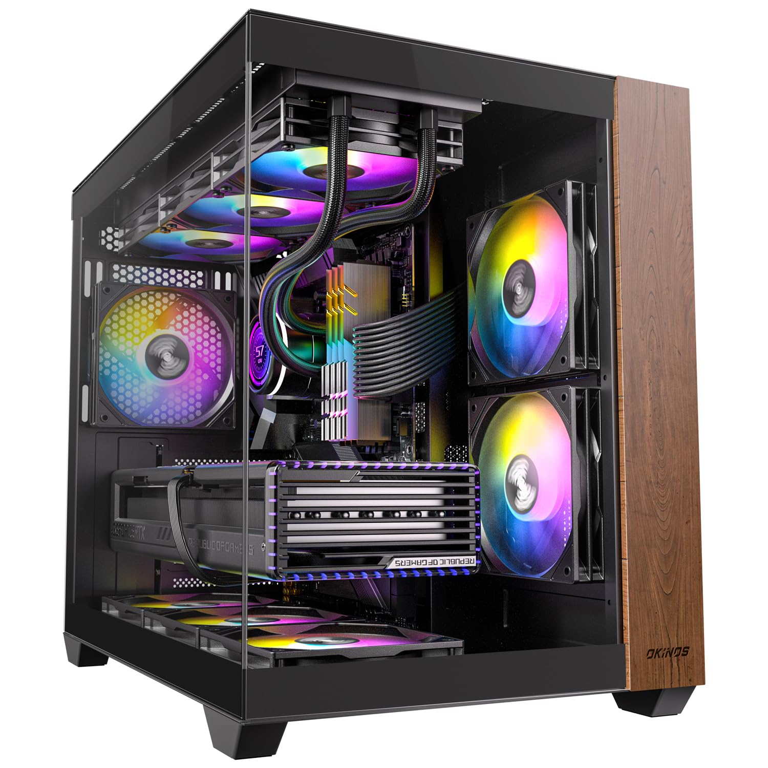 Okinos Genuine Walnut Wood Pc Case, Pre Installed 4 X 120Mm Argb & Pwm Fans, Type C Port, Panoramic View Tempered Glass Side Pan