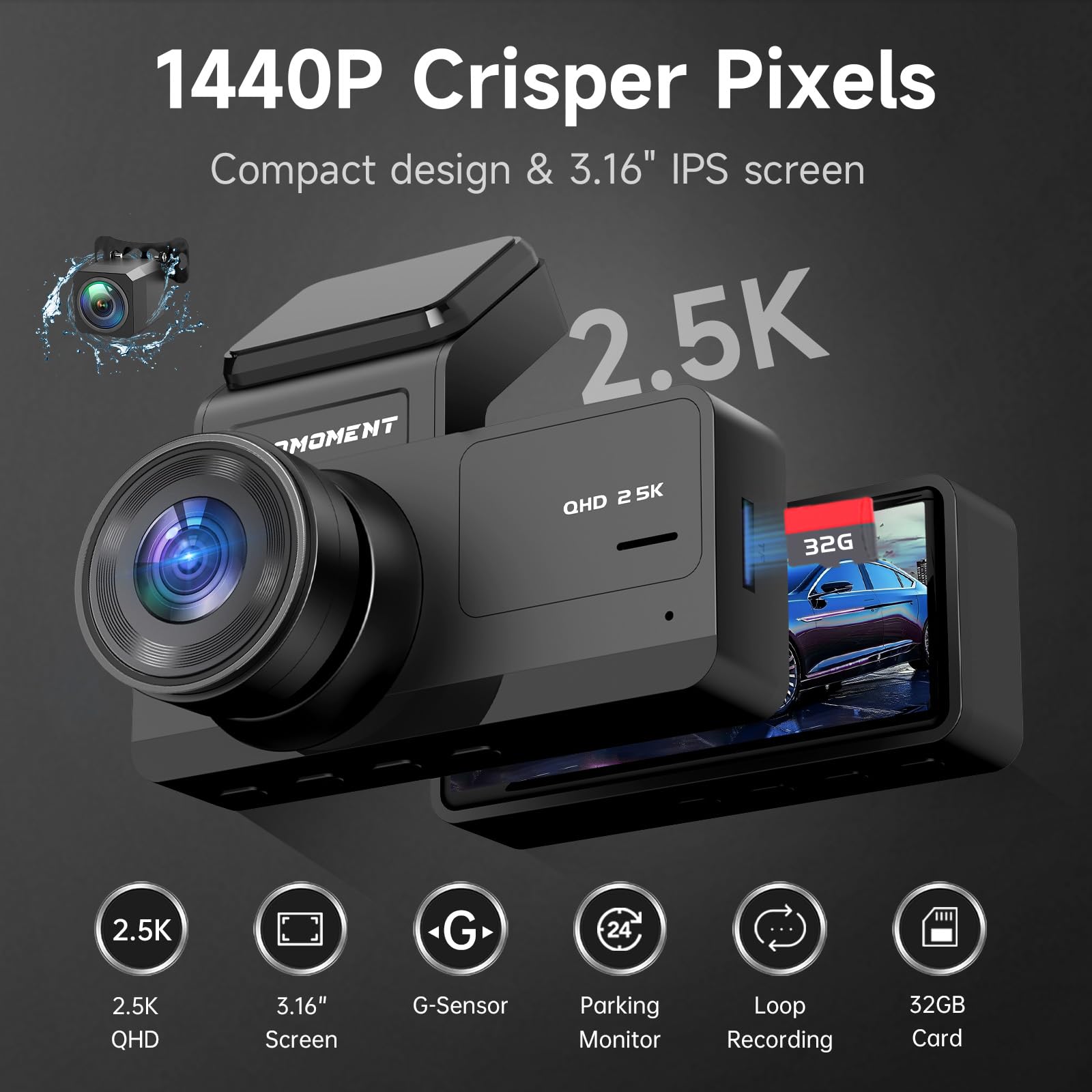 Dash Cam Front And Rear: 2.5K+1080P Dual Dash Camera For Cars, Ecomoment S70 Car Camer With 3.16'' Ips Screen, 170 Wide Angle, N